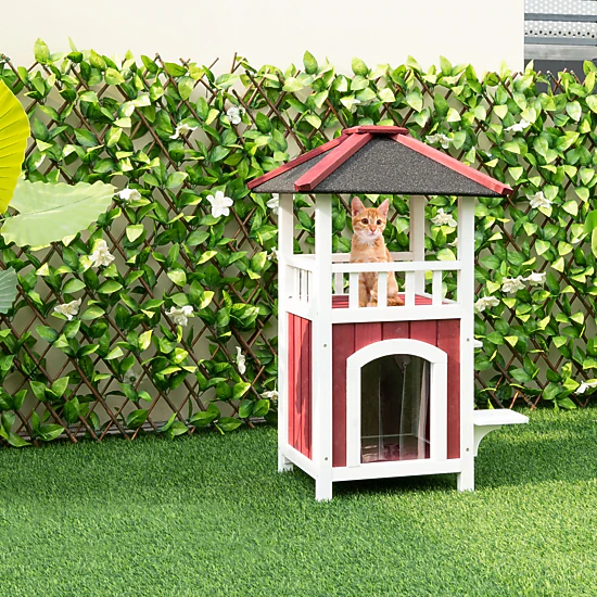 SUGIFT 23 x 34-in 33-lb Platform Capacity Red 2-Story Wooden Outdoor Cat House with Asphalt Roof and Balcony