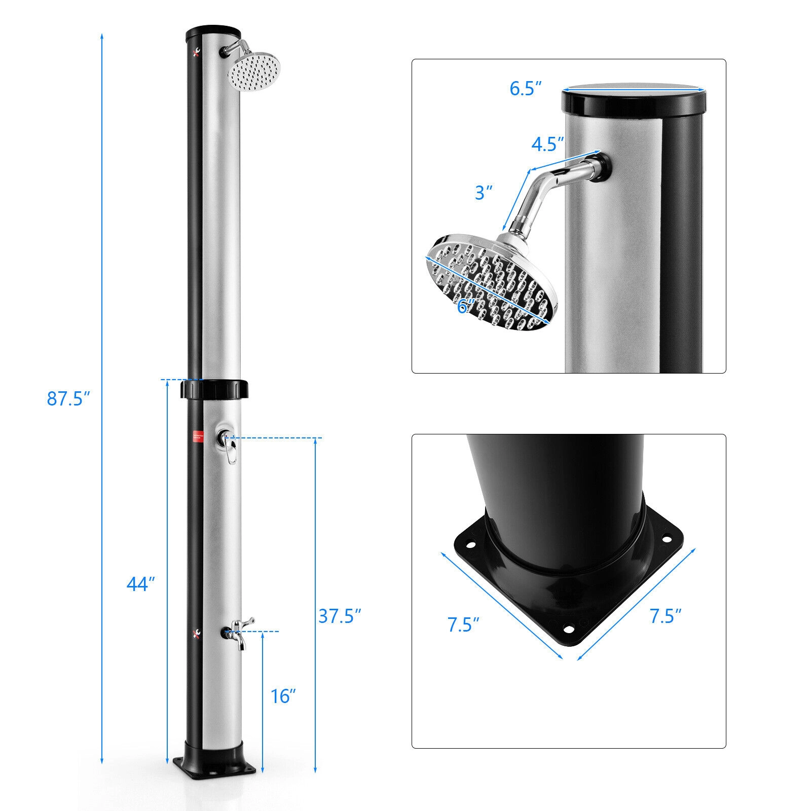 SUGIFT Solar Heated Outdoor Shower Column 10-Gallon Tank 360° Rotating Head Foot Tap 7.2-ft Tall Silver/Black
