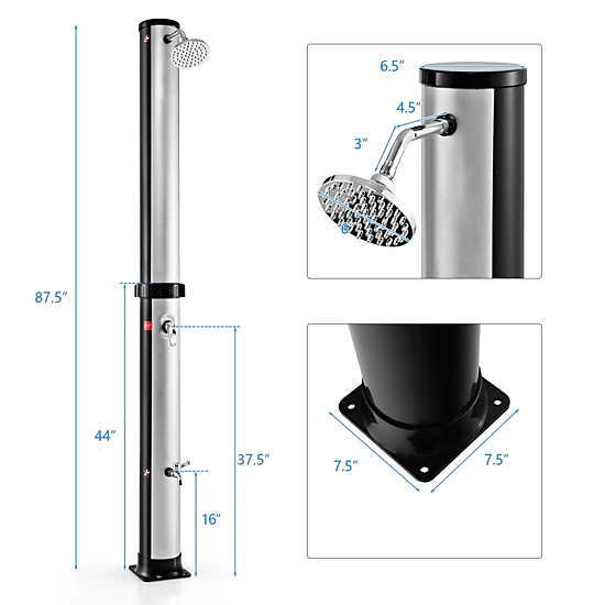 SUGIFT Solar Heated Outdoor Shower Column 10-Gallon Tank 360° Rotating Head Foot Tap 7.2-ft Tall Silver/Black