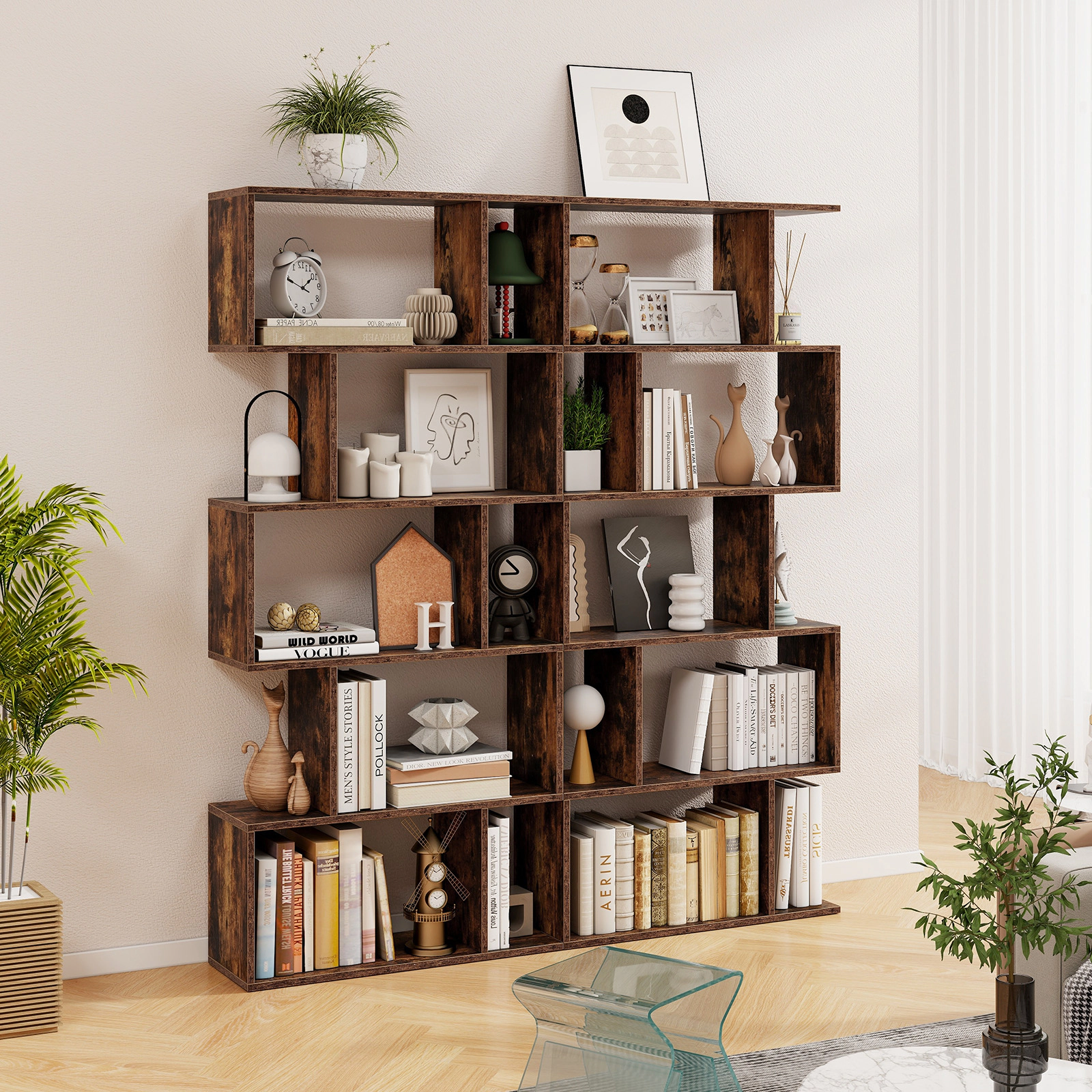 SUGIFT 5-Tier S-Shaped Engineered Wood Bookshelf 27.5-in Wide 62.5-in Tall 45-lb Shelf Capacity Rustic Brown