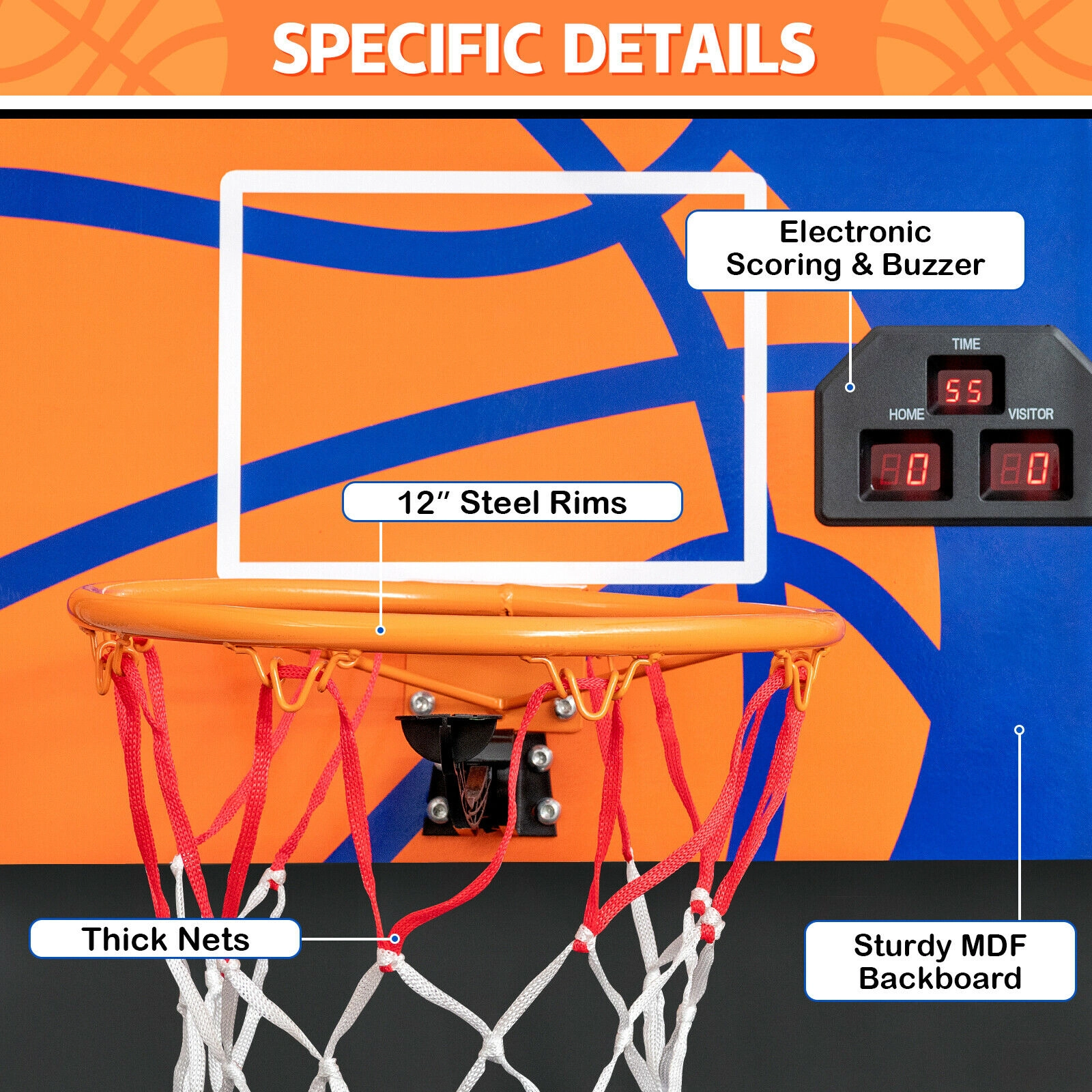 SUGIFT Single Shot Foldable Basketball Arcade Game with Electronic Scorer 12-in Rim 3 Balls and Pump