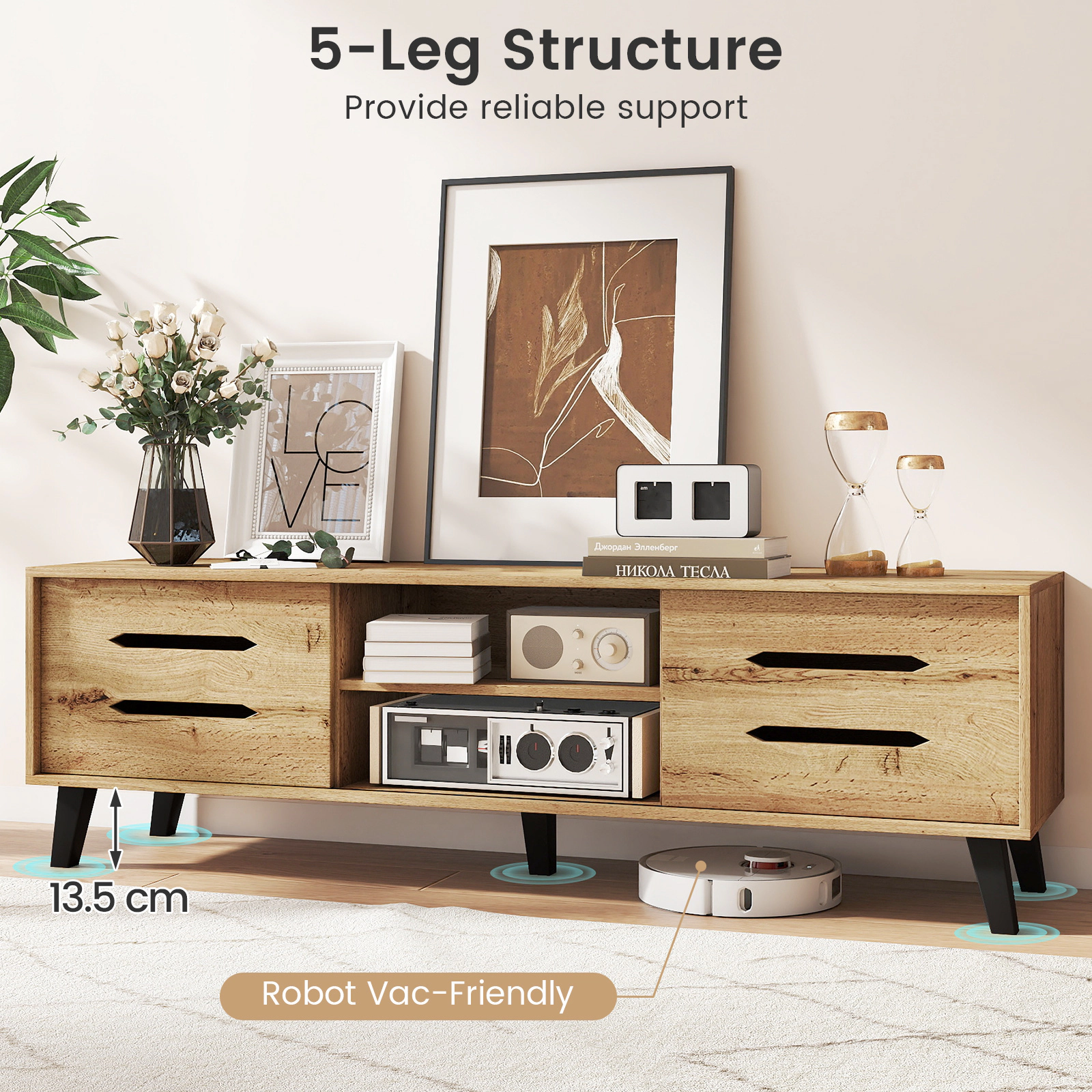 Glintex 59-Inch TV Stand with Hollow-Out Sliding Doors and Cable Hole, Natural