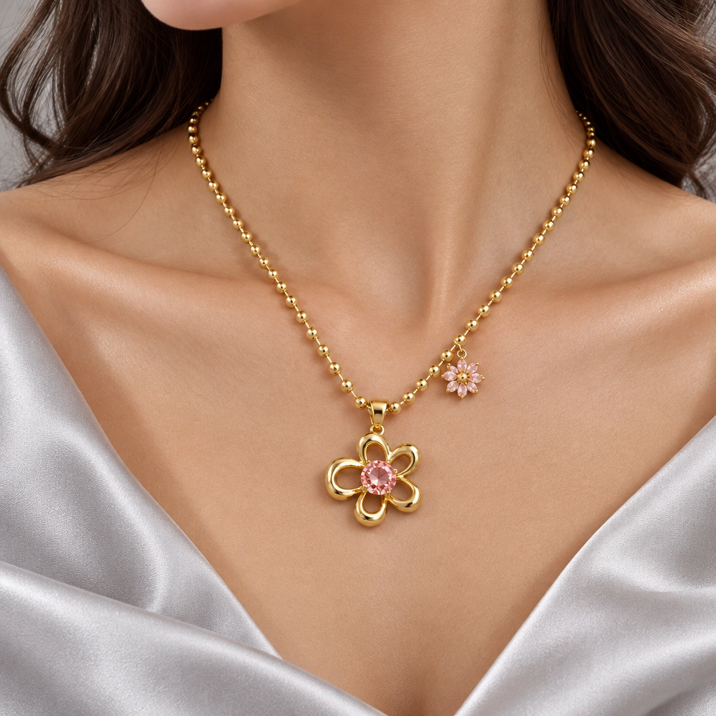 DressAtR Women’s Pink Flower 18K Gold Plated Necklace