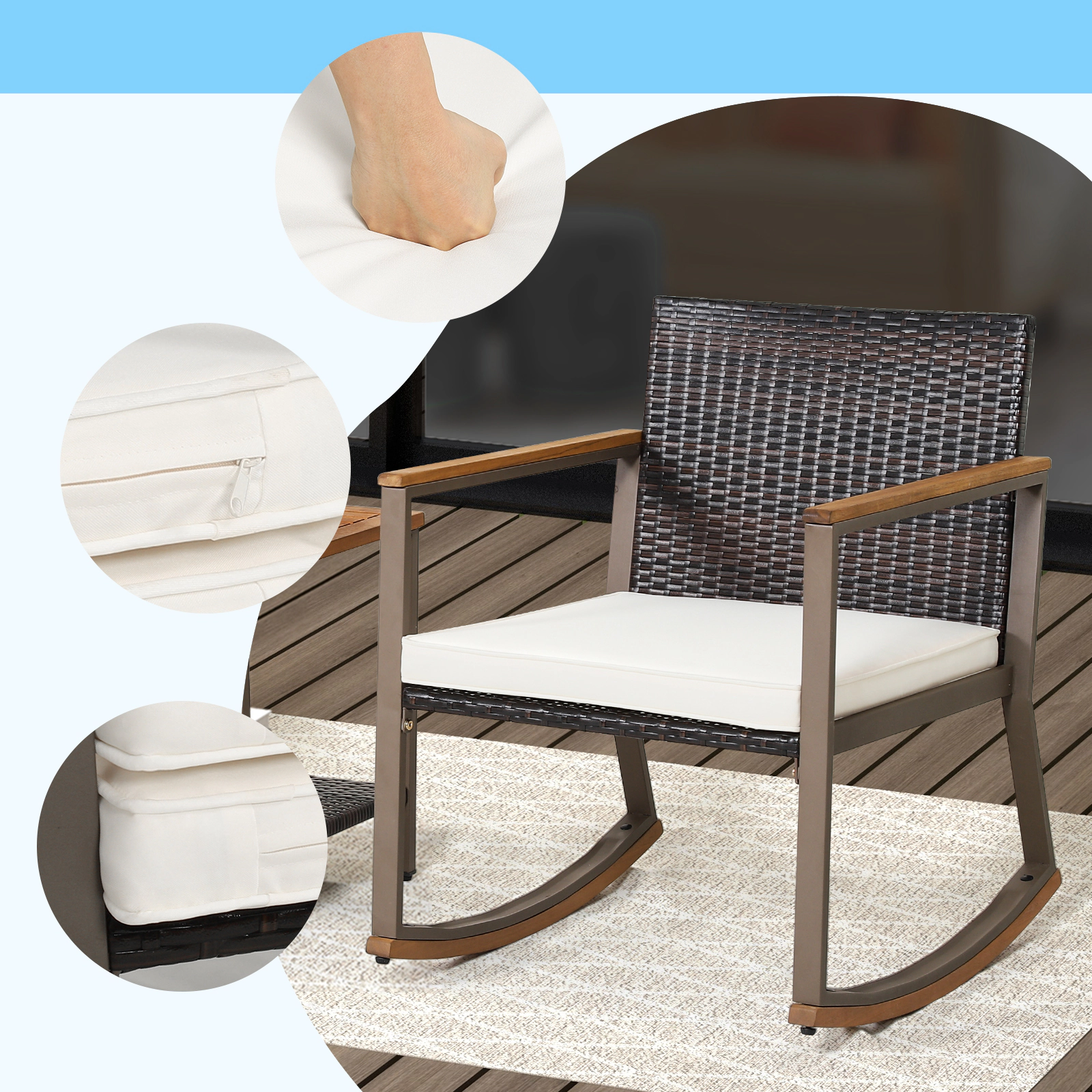 SUGIFT 3-Piece Off White Rattan Rocking Bistro Set with 2 Chairs and 2-Tier Acacia Wood Table