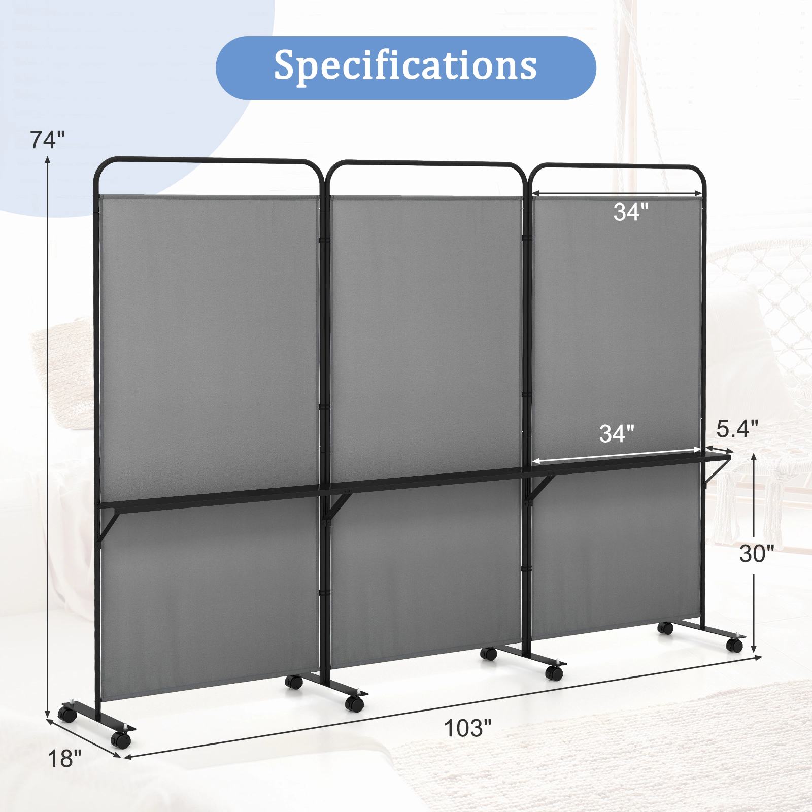 SUGIFT 3-Panel Freestanding 3 Metal Shelves Rolling Room Divider Screen 103-in x 18-in x 74-in 30-in Shelf Height Gray