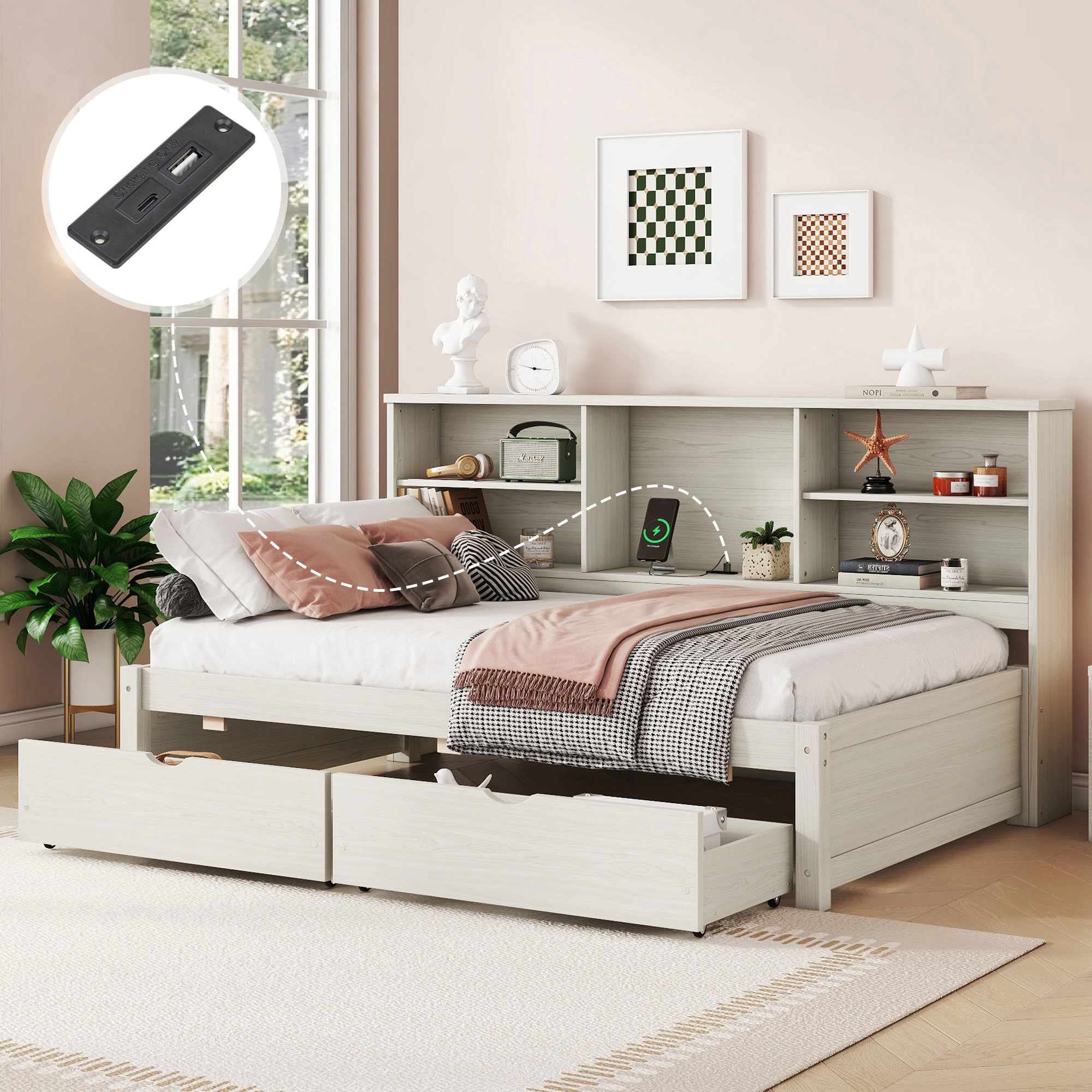 Flynama Twin Bed Frame with Side Bookshelves, Two Drawers & USB Port, Creamy White