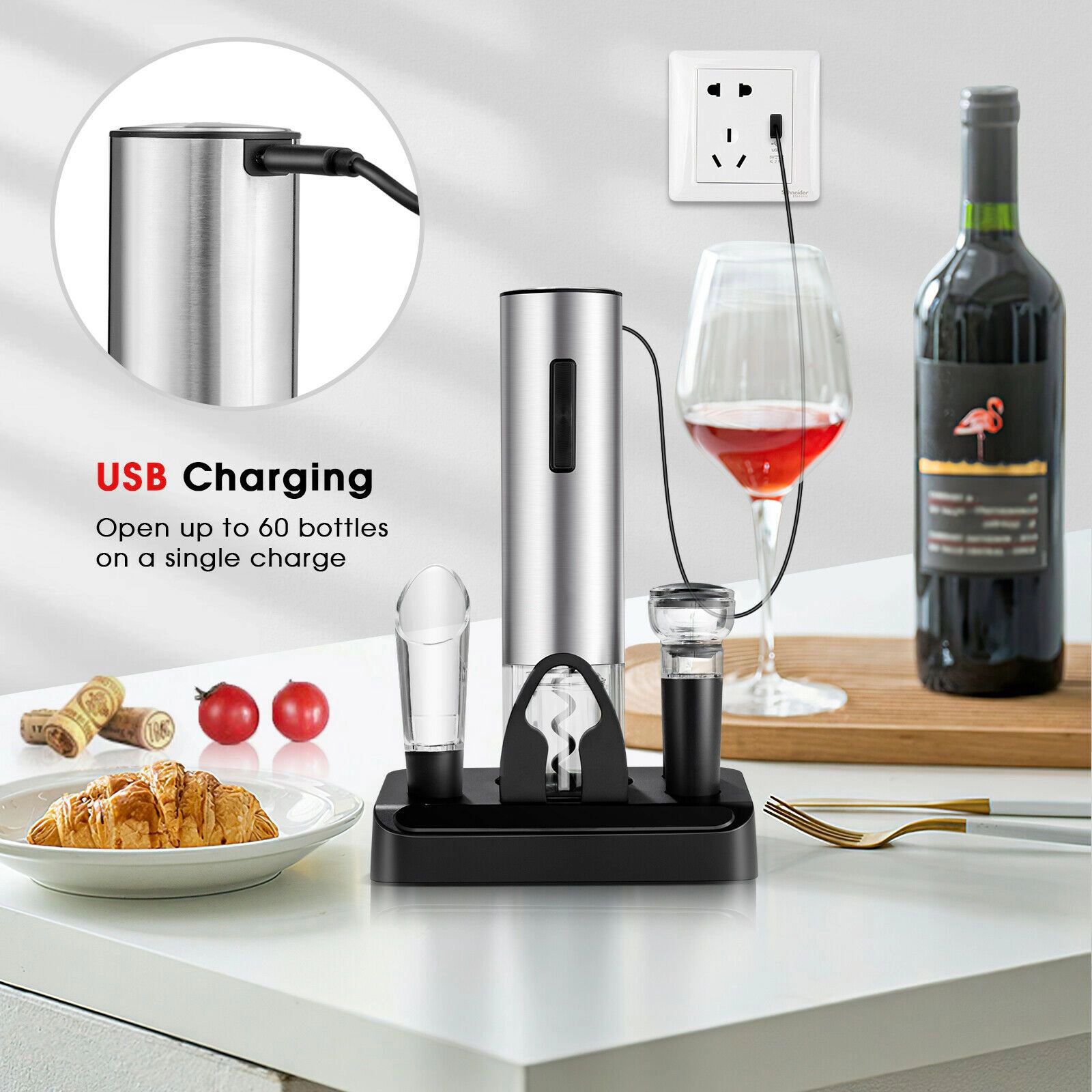 SlickBlue Black 6-Piece Electric Wine Bottle Opener Set with Accessories