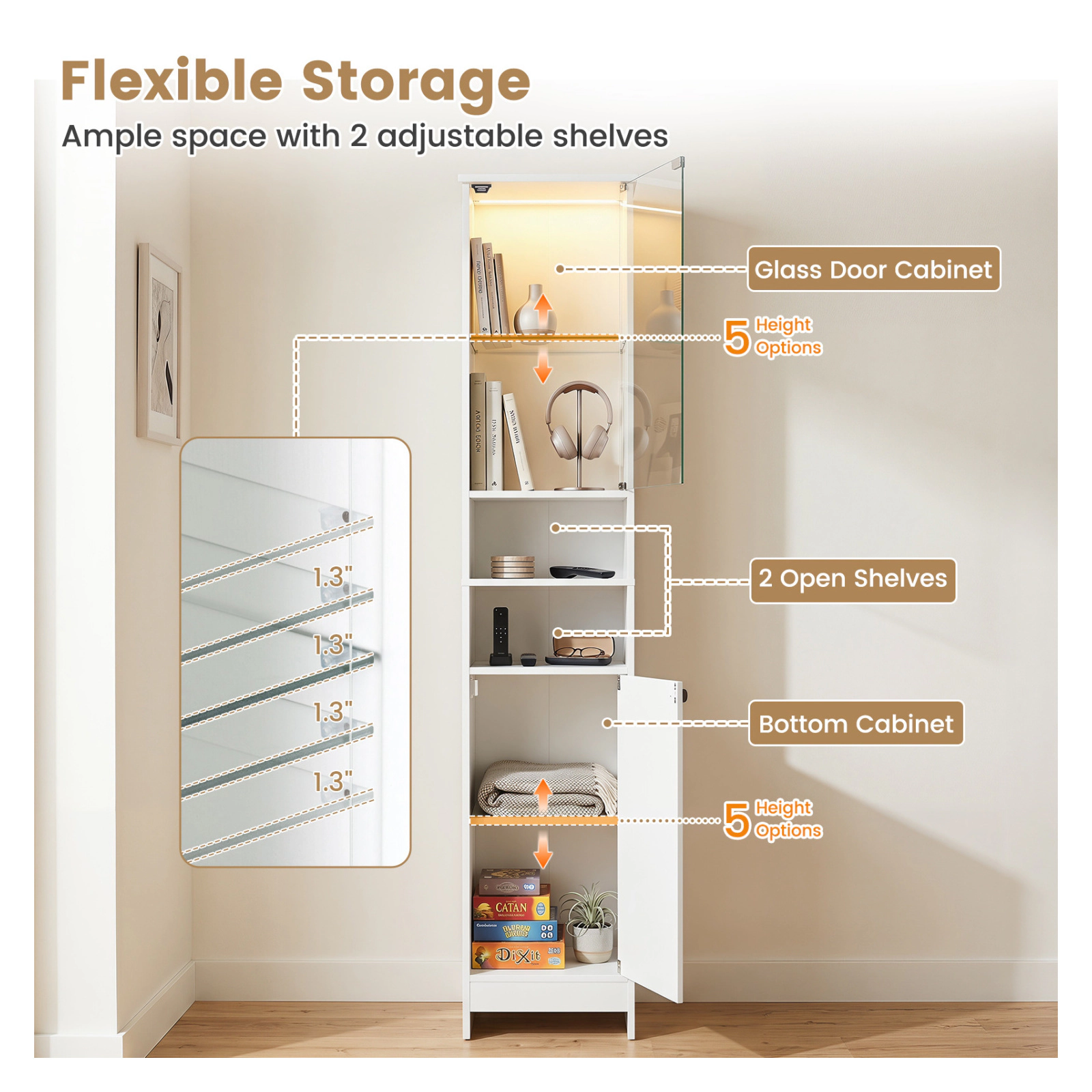 Glintex 67-Inch LED Bathroom Cabinet with Push-to-Open Tempered Glass Door, White