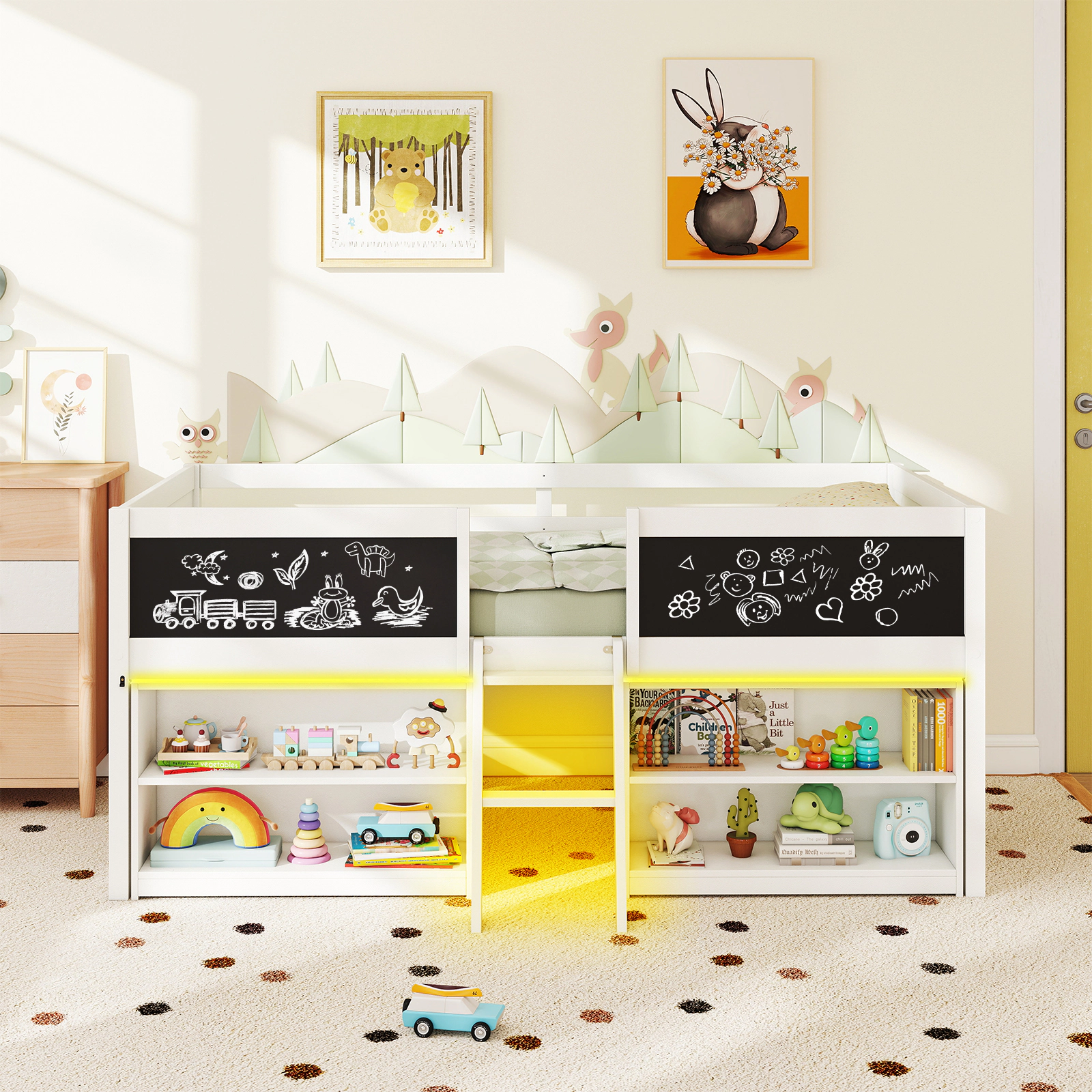 Costway Low Loft Bed Twin Wooden Frame Kid's Cabin w/ Bookcases White
