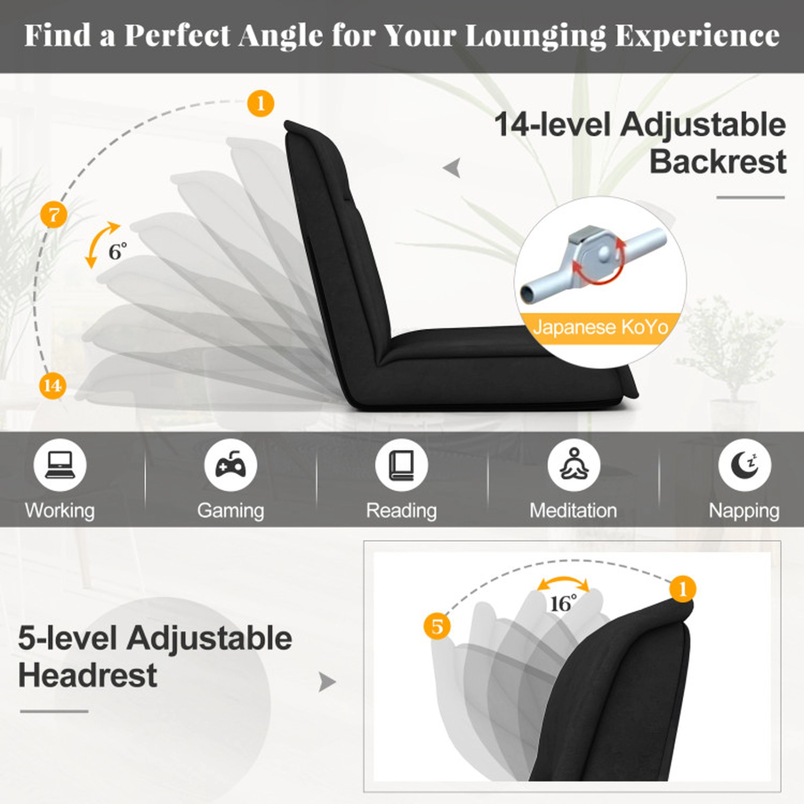 SUGIFT 3-in-1 14-Position Adjustable Headrest Faux Suede Convertible Floor Chair 56.5-in x 25-in 330-lb Capacity Black