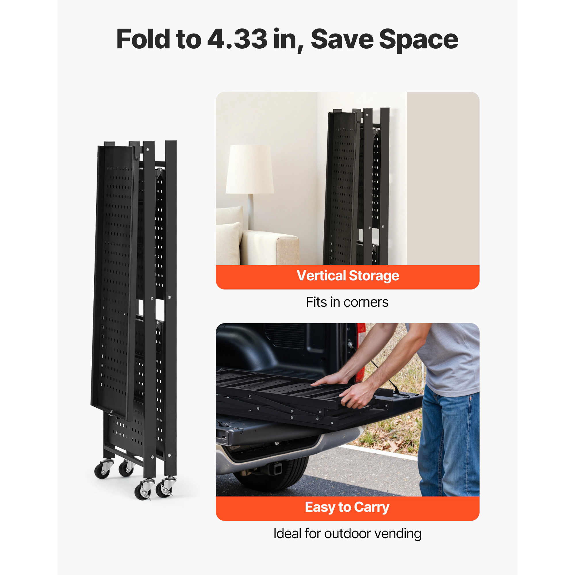 Flynama 3-Tier Foldable Storage Shelf with Wheels 28 x 13 x 36-inch Metal Shelving