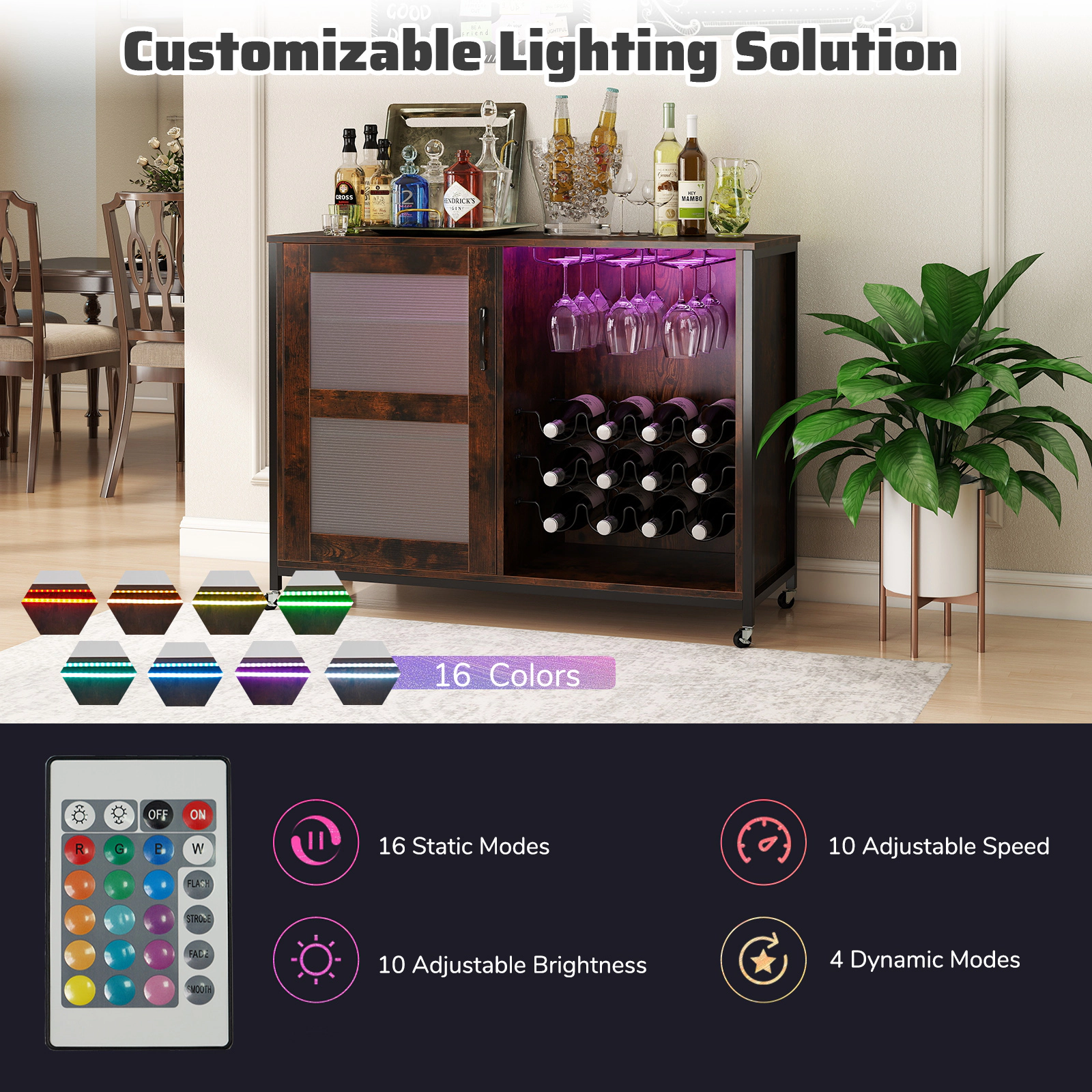 SUGIFT Rustic Brown 42.5-in Wine Bar Cabinet with LED Light Glass Doors 12-Bottle Rack and Glass Holder