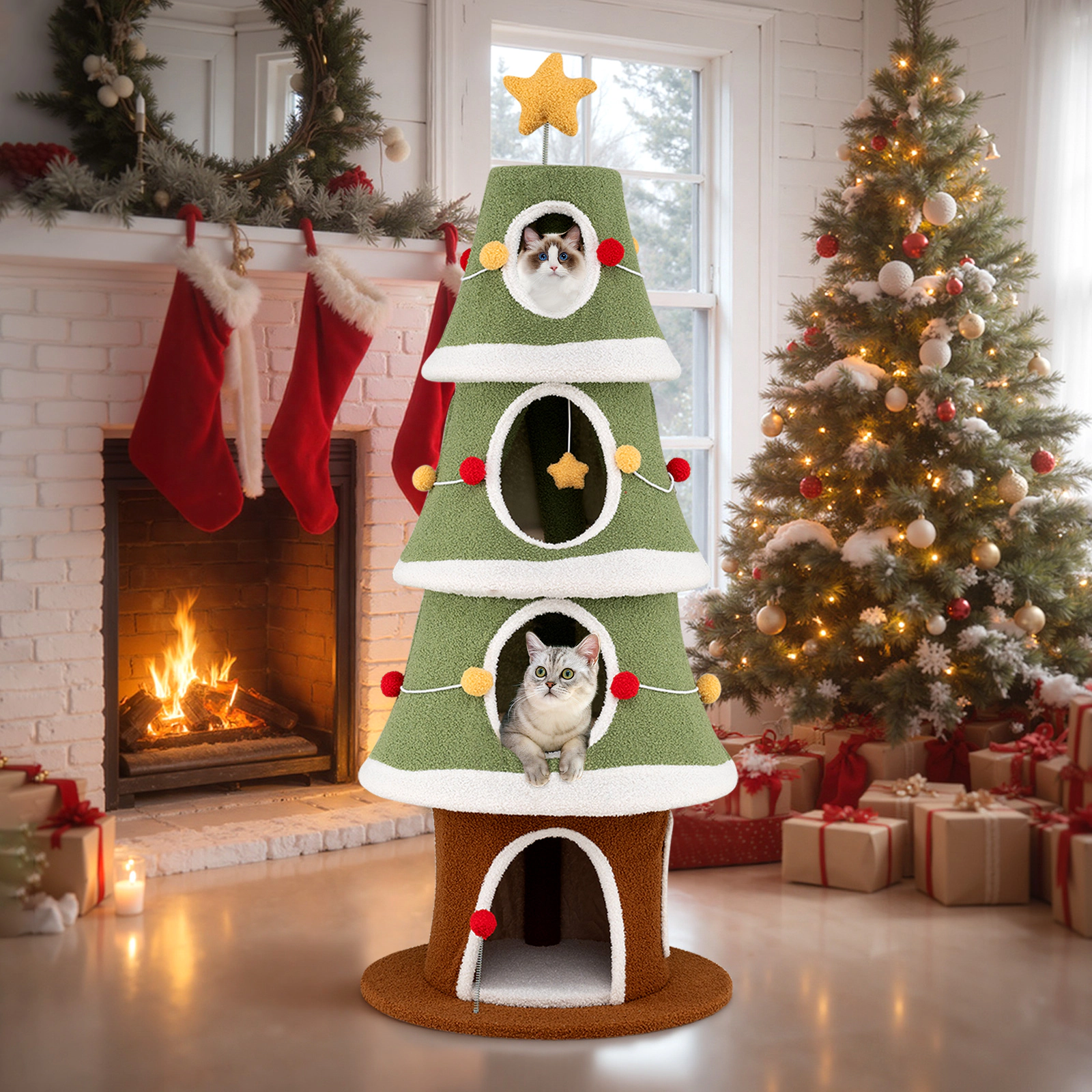 Glintex 61-Inch Christmas Cat Tower with 4 Tiered Condos and Star Topper Toy, Green