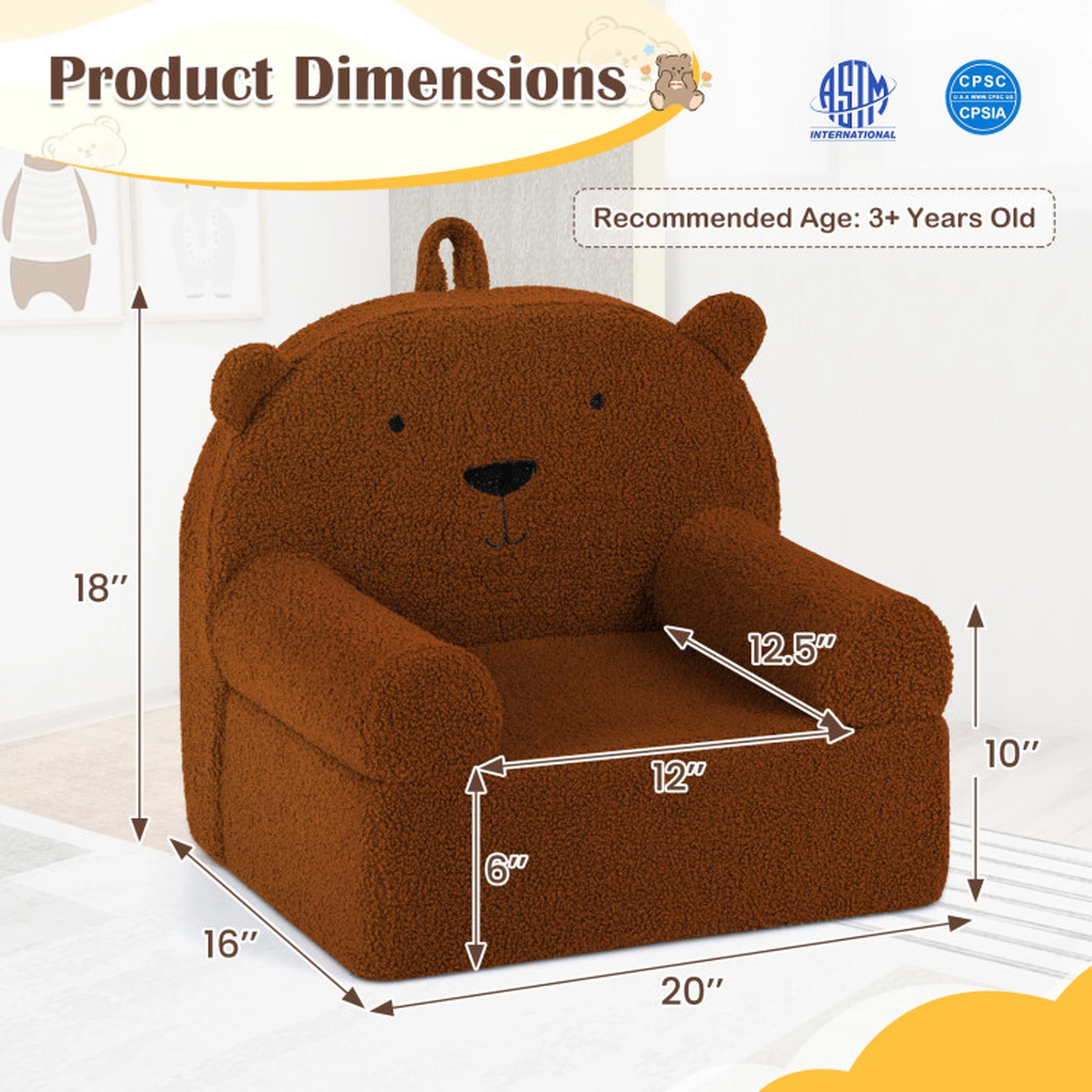 SUGIFT Kids Bear Foam Sofa Toddler Couch Office Chair Teddy Fleece Fabric Cover 20-in Frame Ages 3+ Brown Single Seat