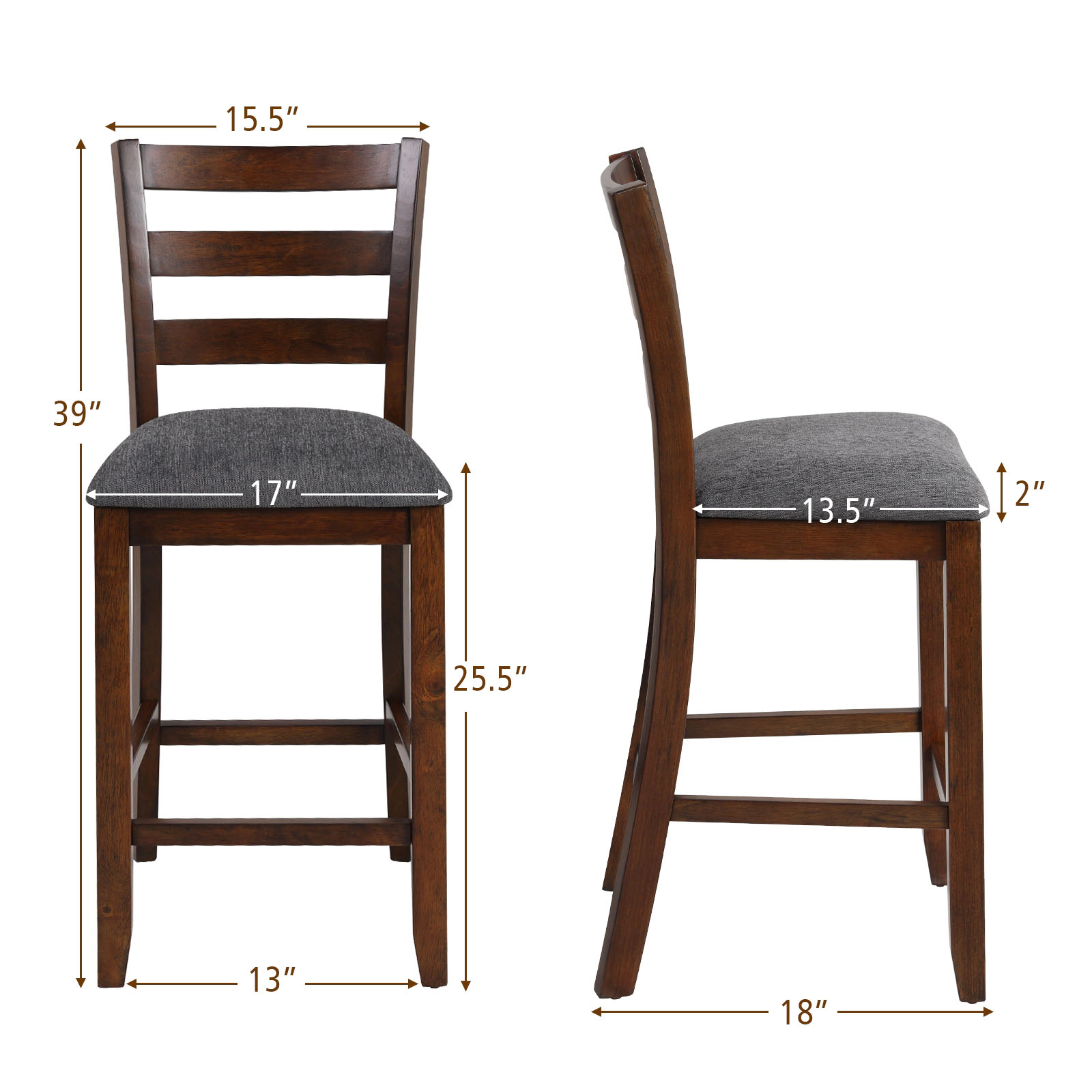 SUGIFT Set of 2 26-in Seat H Fabric Seat and Rubber Wood Legs 330-lb Counter Height Bar Stools Brown