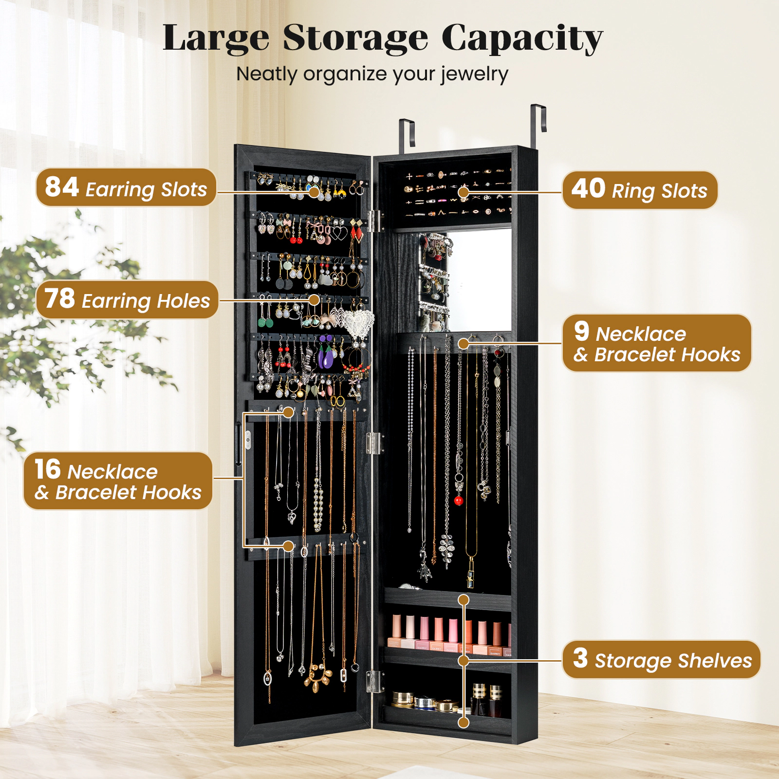 SUGIFT Black Wall Mounted Jewelry Cabinet with Full-Length Mirror Over the Door Organizer and Ring Slots