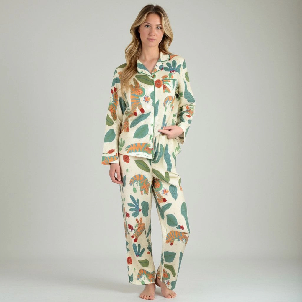 Anna-Kaci Women's Long Sleeve Button Up Jungle Print Pajama Set with Chest Pocket and Matching Pants