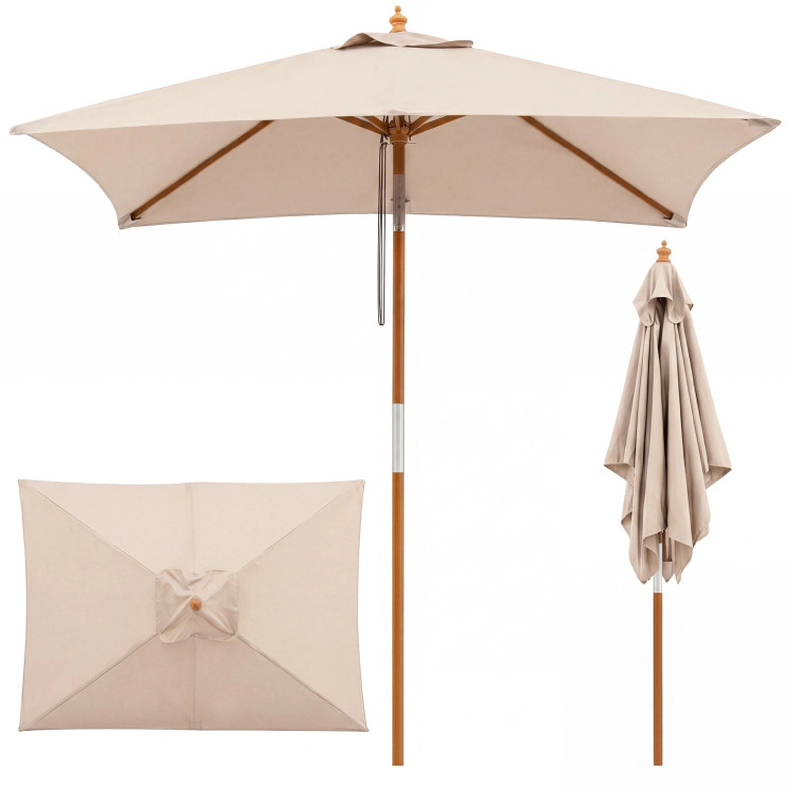 SUGIFT Beige Wooden Pole Push Button Tilt and 3 Heights 7 FT Rectangular Patio Umbrella