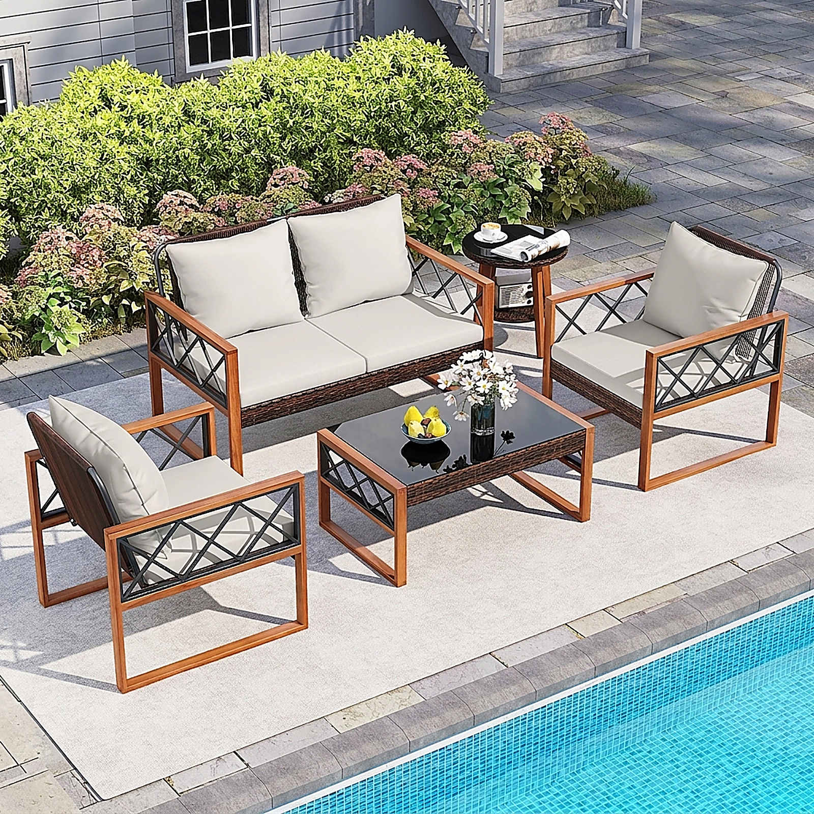 SUGIFT 5 Piece PE Wicker Patio Furniture Set with Acacia Wood Frame Loveseat and 2 Tables