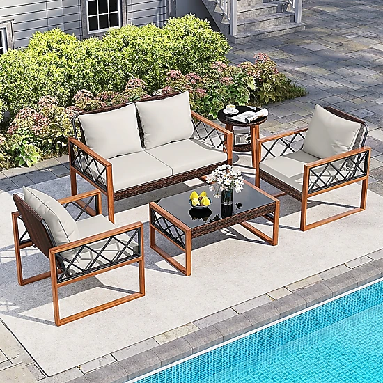 SUGIFT 5 Piece PE Wicker Patio Furniture Set with Acacia Wood Frame Loveseat and 2 Tables