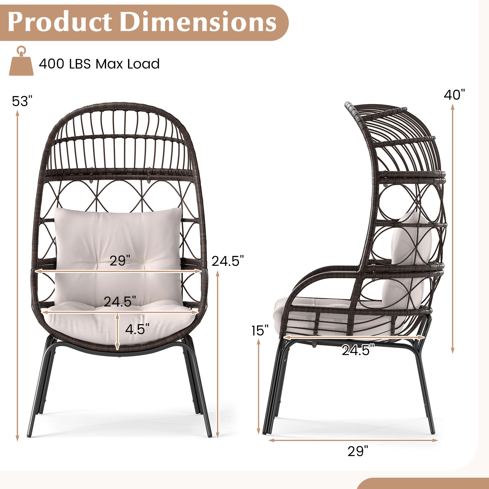LJG Patio Wicker Egg Chair Outdoor Rattan Lounge Basket with Seat and Back Cushions