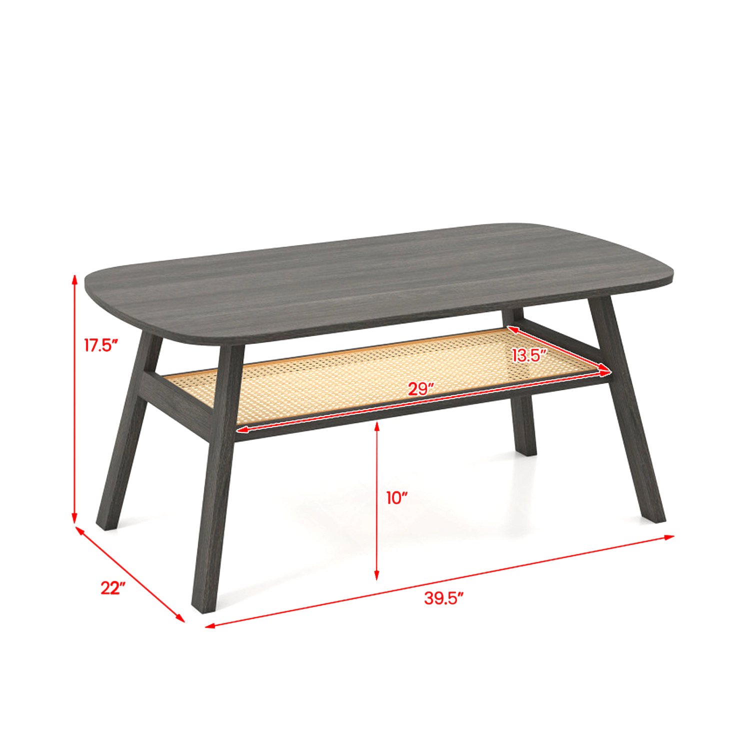 Hivvago Functional Two-Tier Coffee Table with Rattan Storage and Solid Rubberwood Base