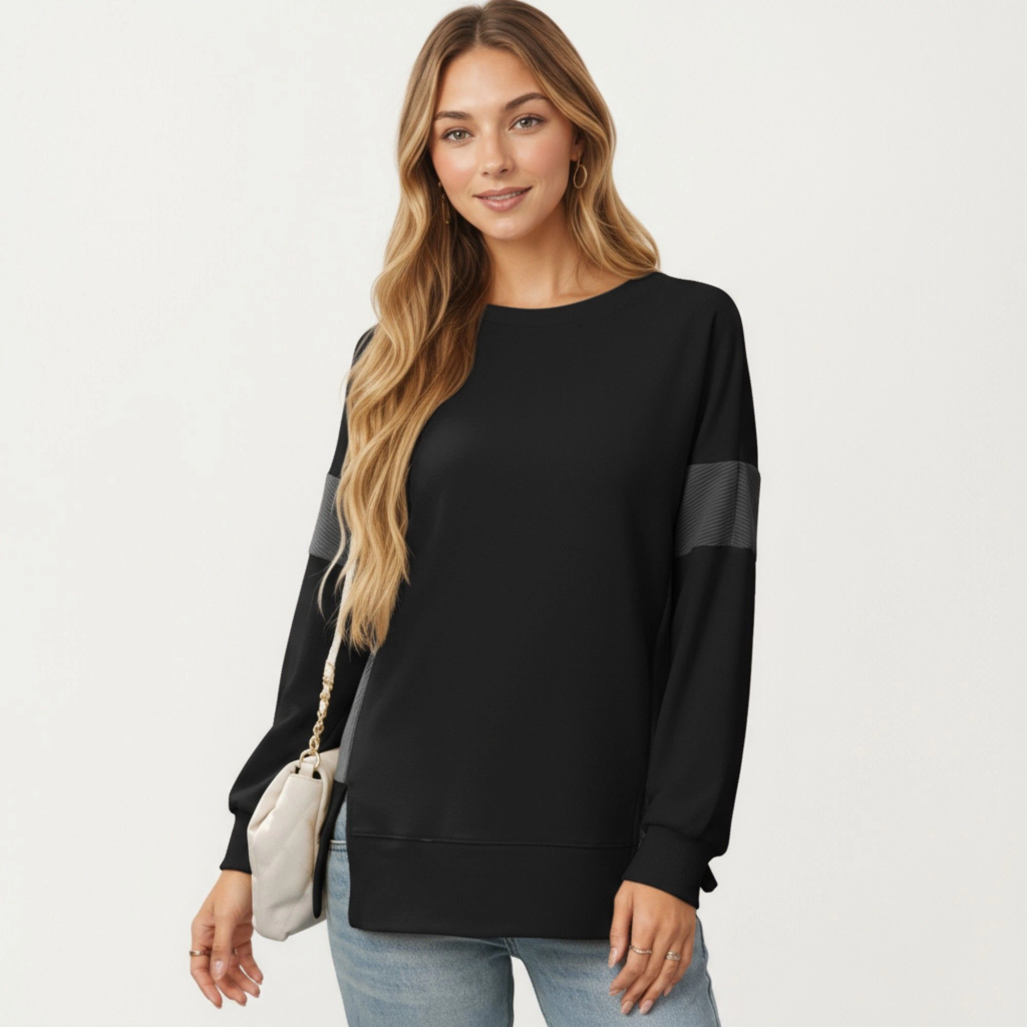 Anna-Kaci Women's Colorblock Sleeve Crew Neck Relaxed Fit Long Pullover Top