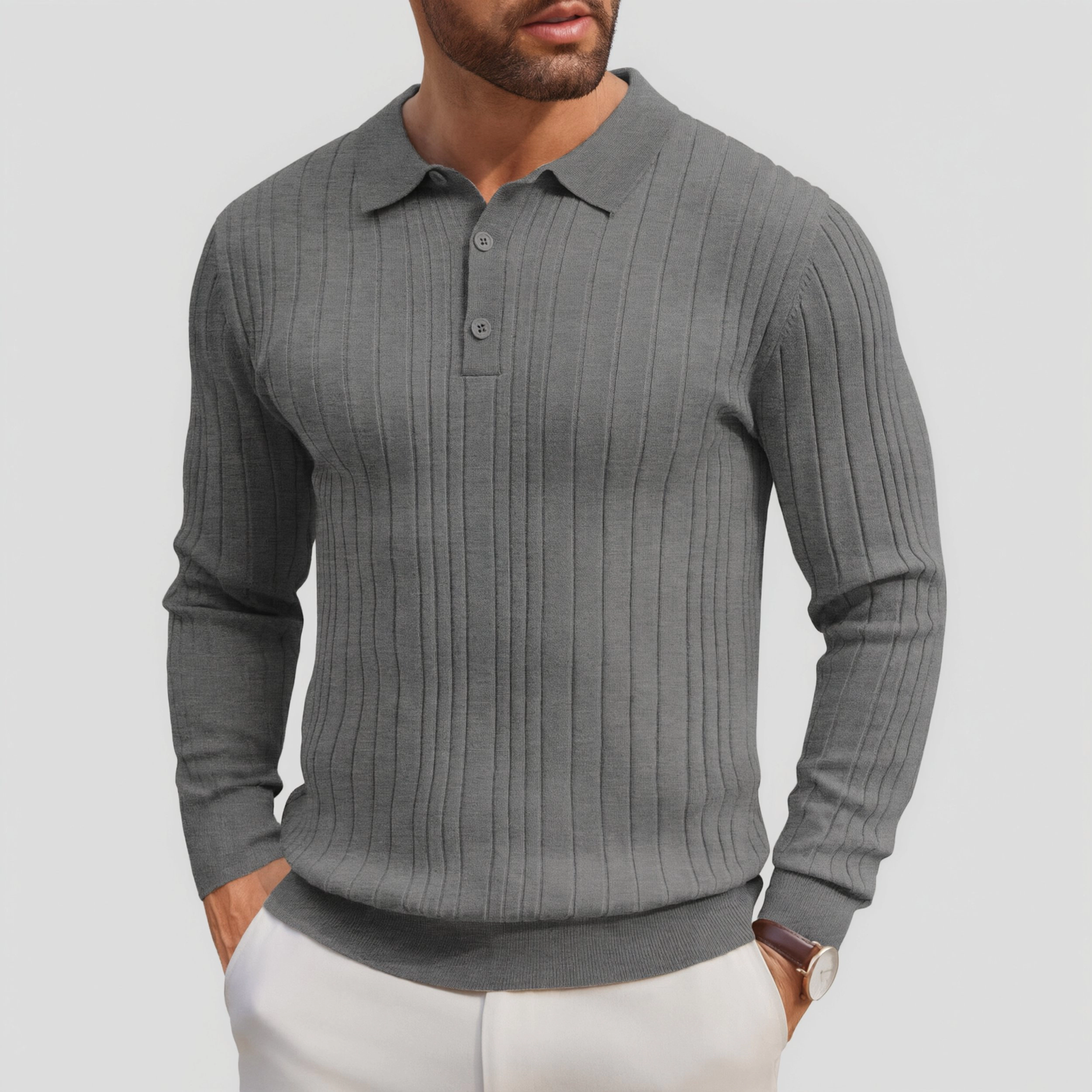 COOFANDY Ribbed Polo Sweater Long Sleeve Button Collar Casual Pullover Tops