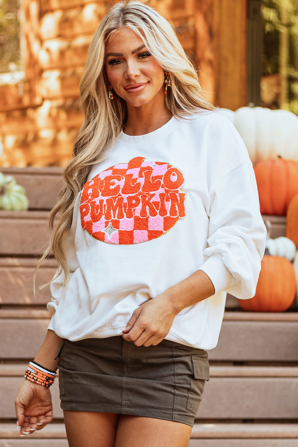 Threaded Pear Women's Blair Halloween Pumpkin Patched Pullover Sweatshirt