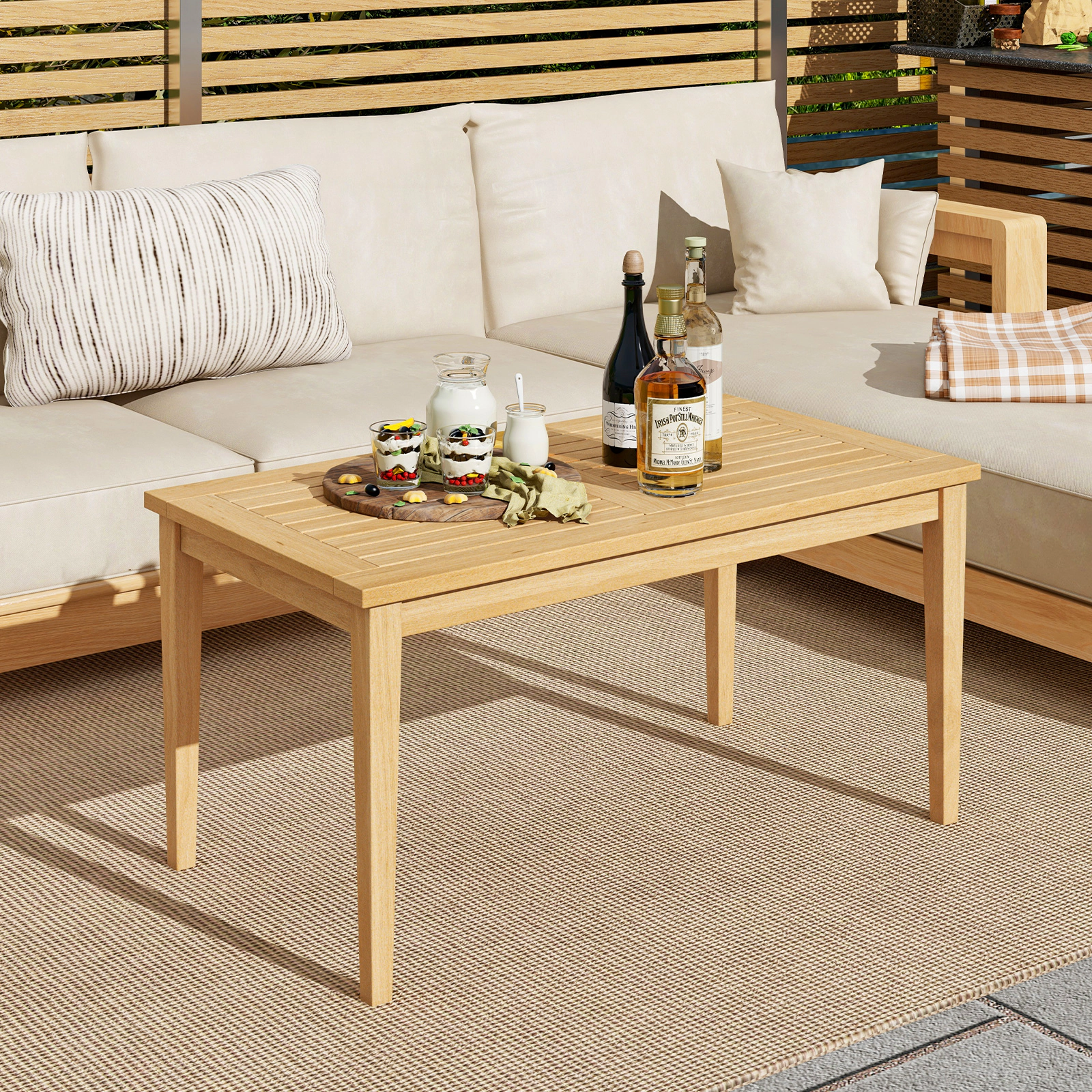 SUGIFT Natural Teak Wood Slatted Outdoor Patio Coffee Table, 35.5 x 20 x 18 in