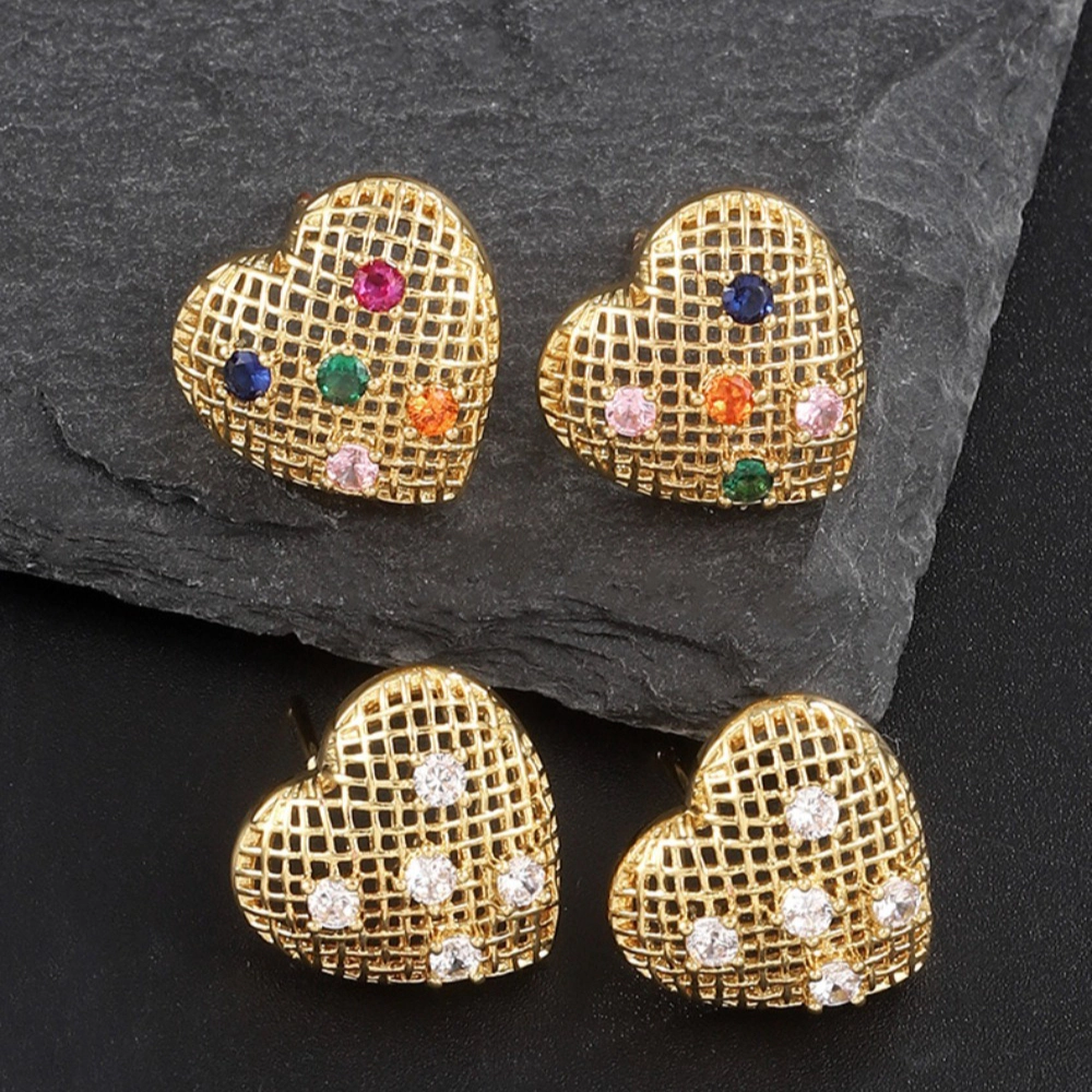 Mesh Heart Cubic Zirconia Stud Earrings Gold Plated Colorful Rainbow CZ Hollow Earring