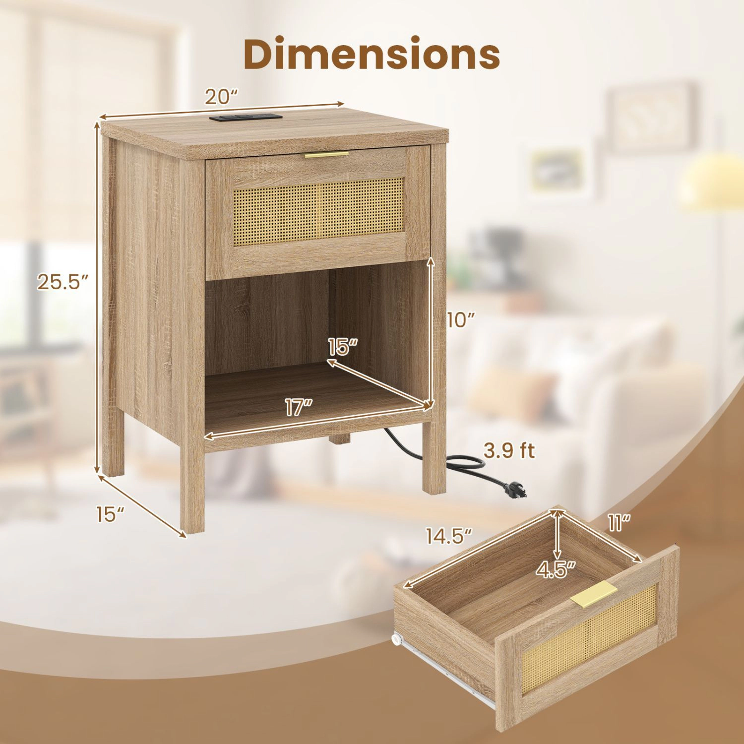 SlickBlue Rattan Nightstand with Charging Station and Drawer