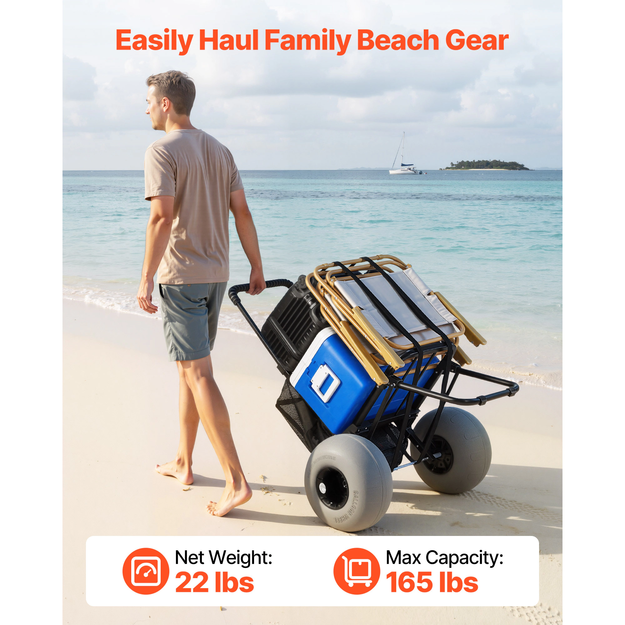 HONGGE Heavy Duty Folding Sand Cart with 12" Balloon Wheels for Beach Camping, 165 lbs Load Capacity
