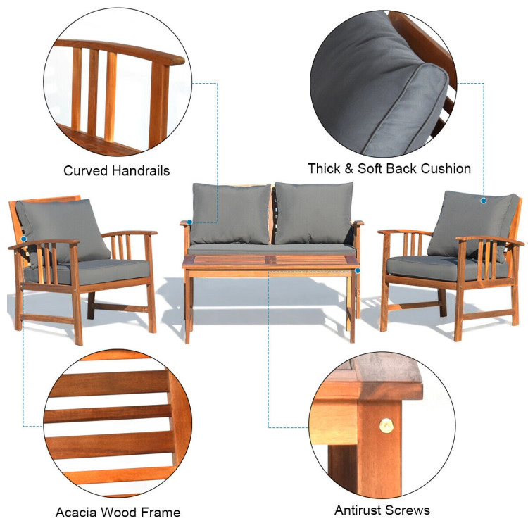 Hivvago 4 Pieces Wooden Patio Sofa Chair Set With Cushion