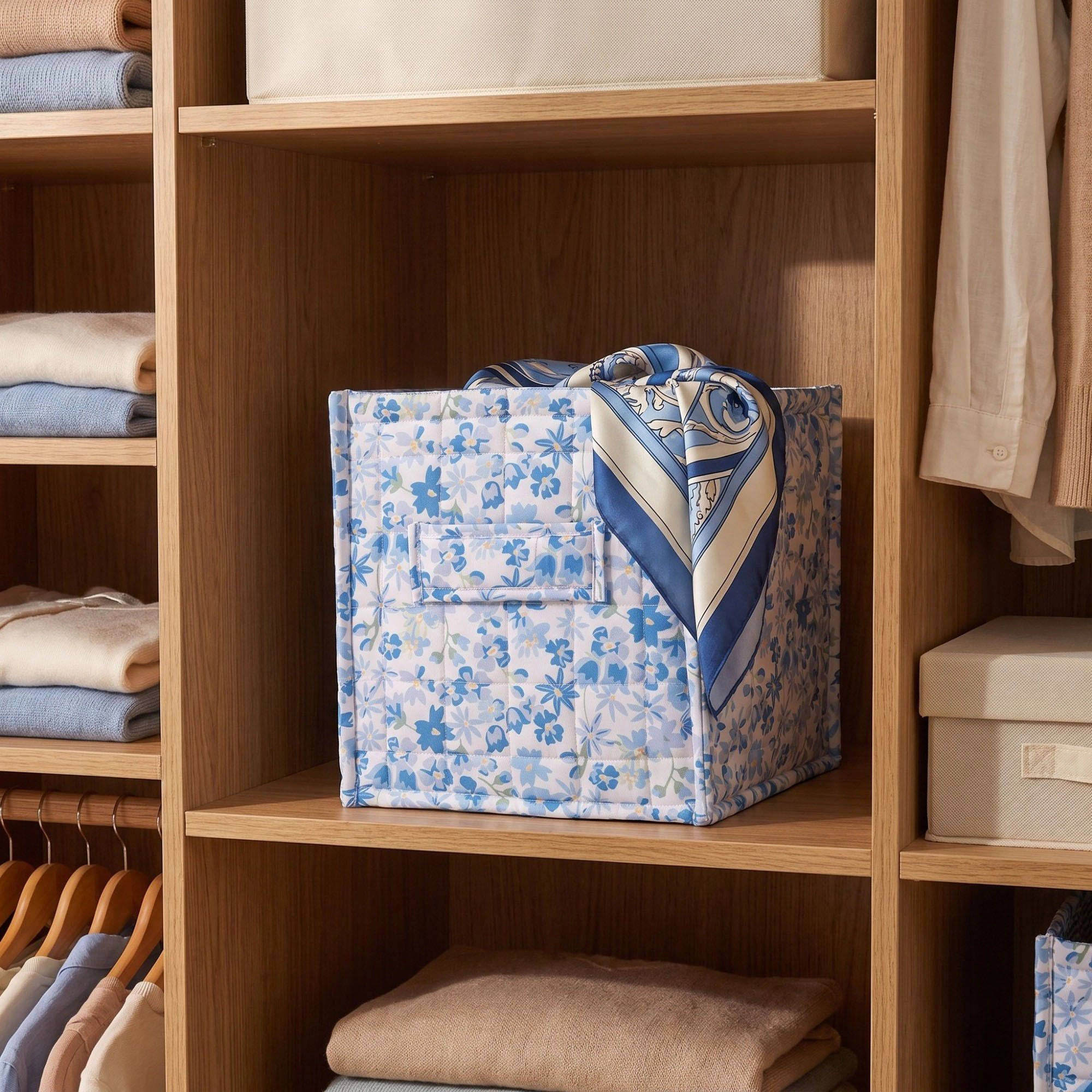 Alilang Unisex Floral Quilted Fabric Storage Cube Bin with Carry Handles