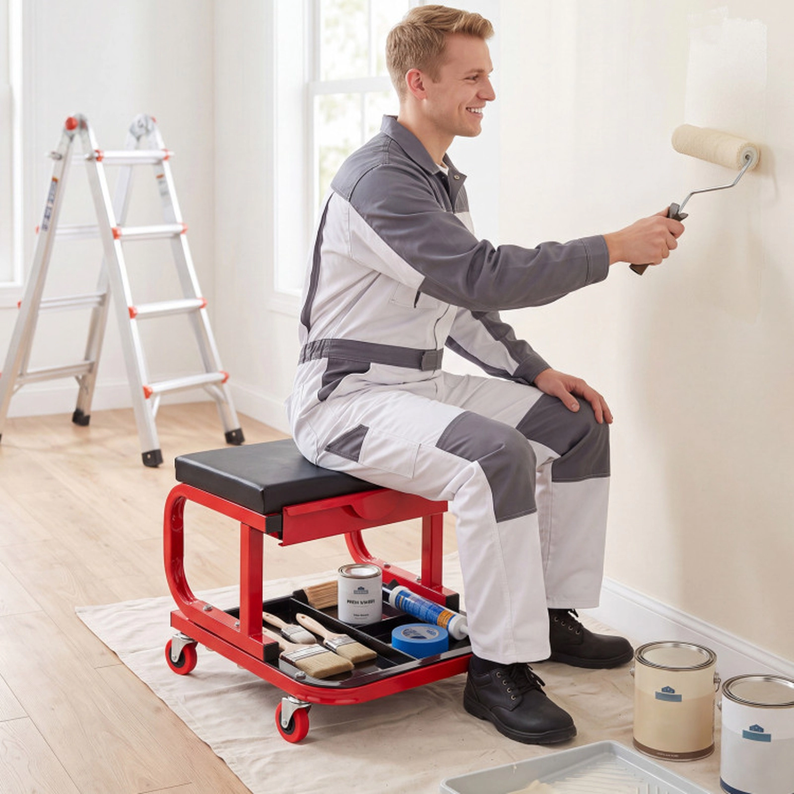 SUGIFT Mechanic Rolling Stool with Tool Trays and Magnetic Drawer 330-lb Capacity 17.5-in Frame with 14 x 9-in Seat Red