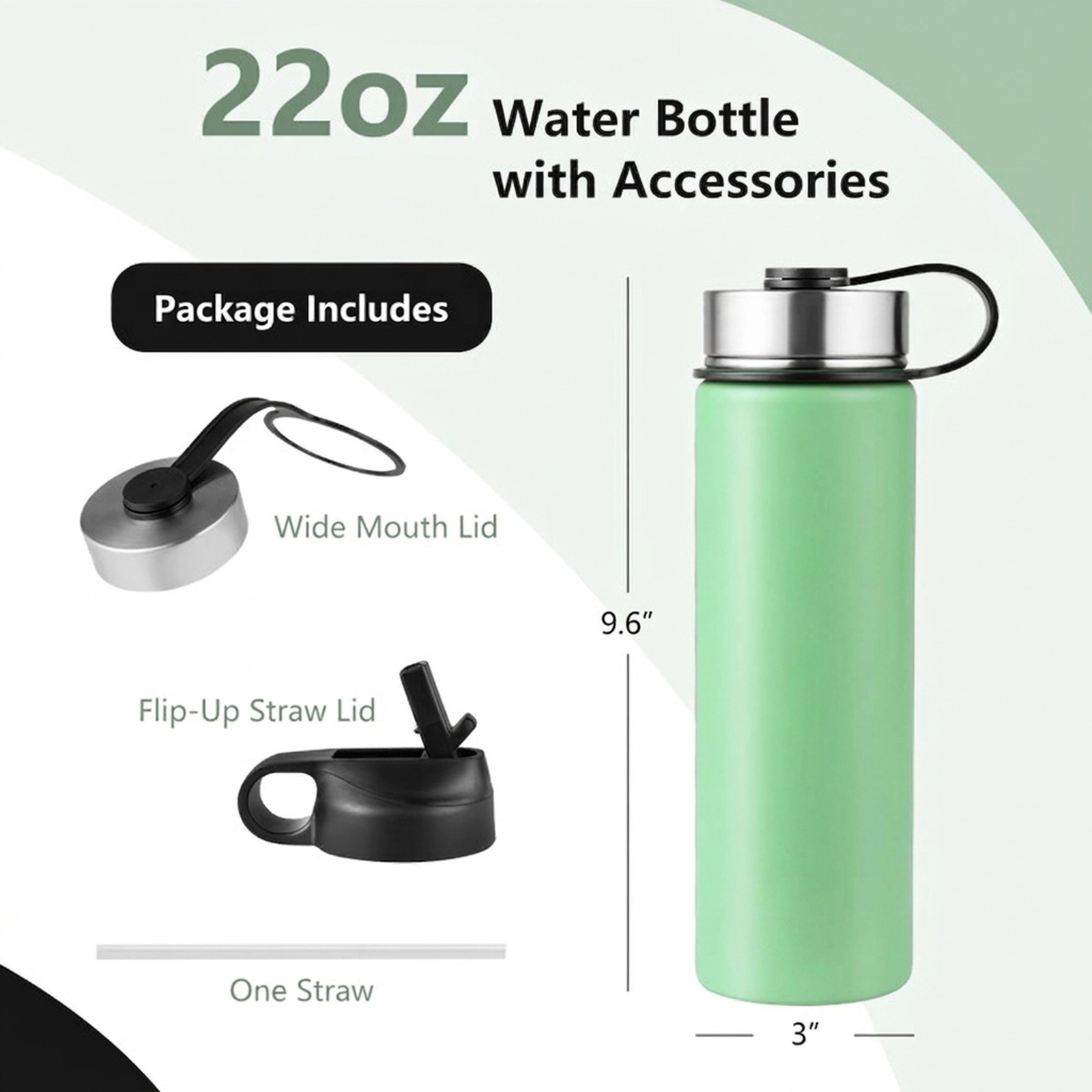 SUGIFT 22-oz Double-Walled Insulated Stainless Steel Water Bottle 2 Lids Straw 12-Hour Hot 24-Hour Cold Green