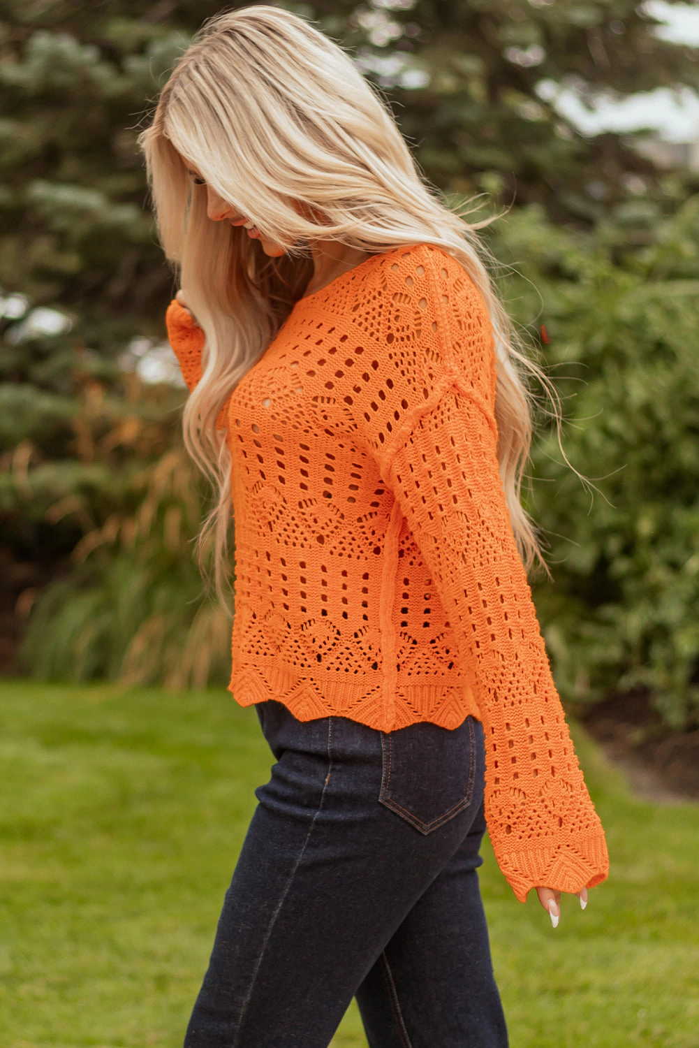 Threaded Pear Women's Emerson Crochet Scallop Edge Sweater