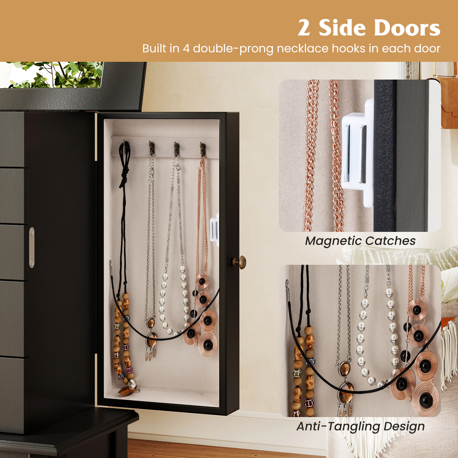 SUGIFT Flip Top Mirror 5 Drawers 2 Side Doors 8 Necklace Hooks Jewelry Cabinet Armoire 12.5-in x 8.5-in x 34-in Black