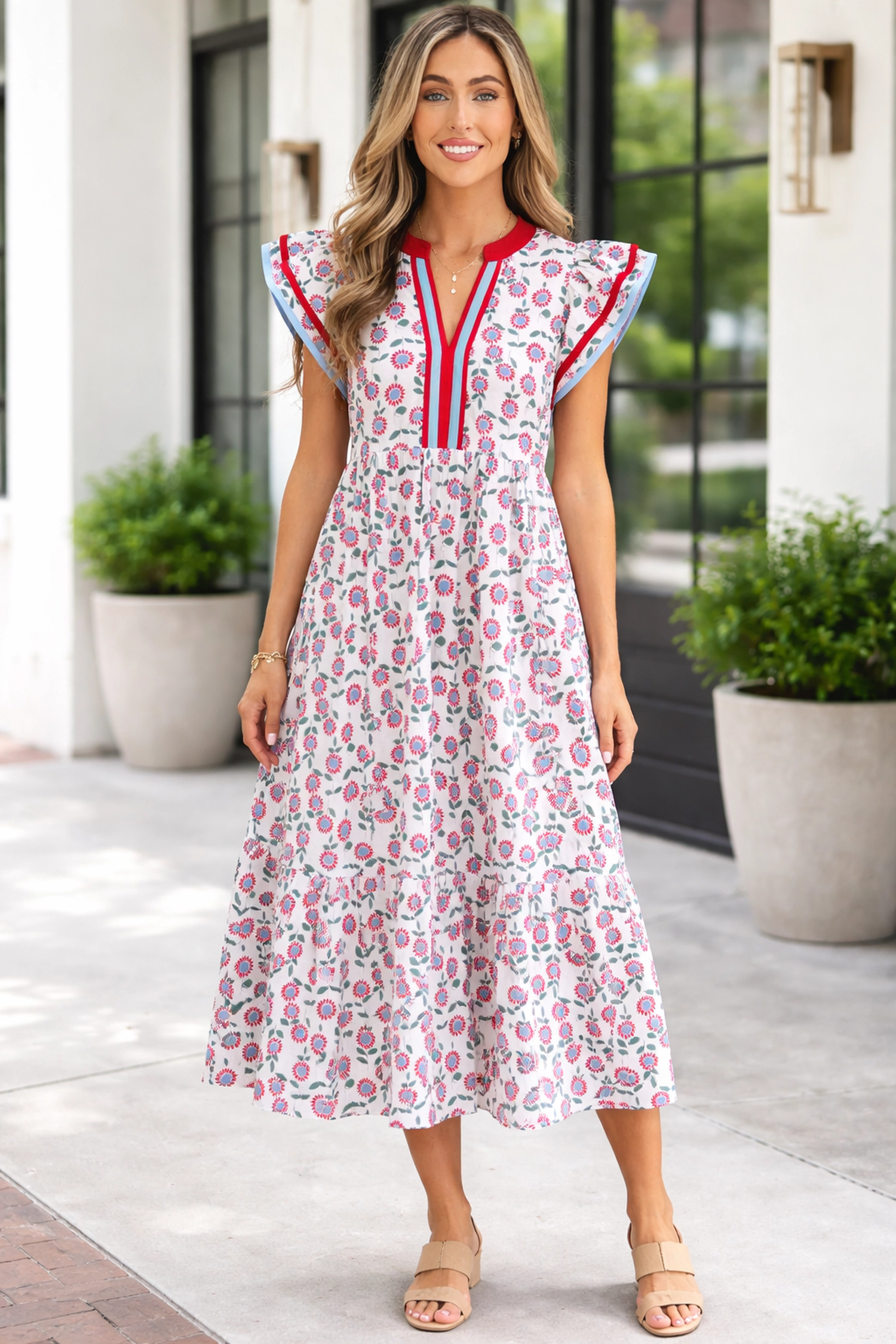 Threaded Pear Womens Milani Flutter Sleeve Long Dress