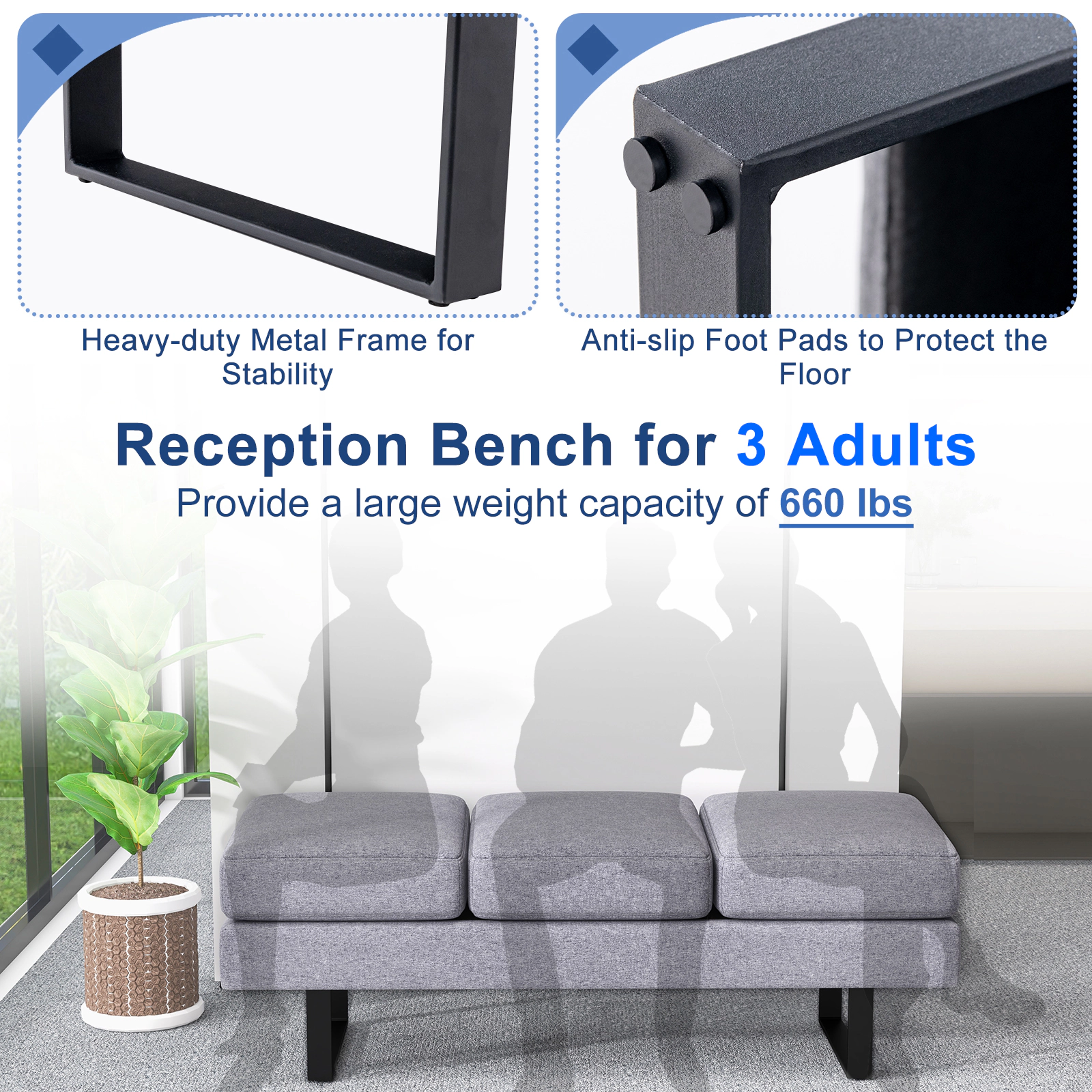 Glintex 59-Inch Reception Bench for 3 Adults with Removable Faux Linen Cushions