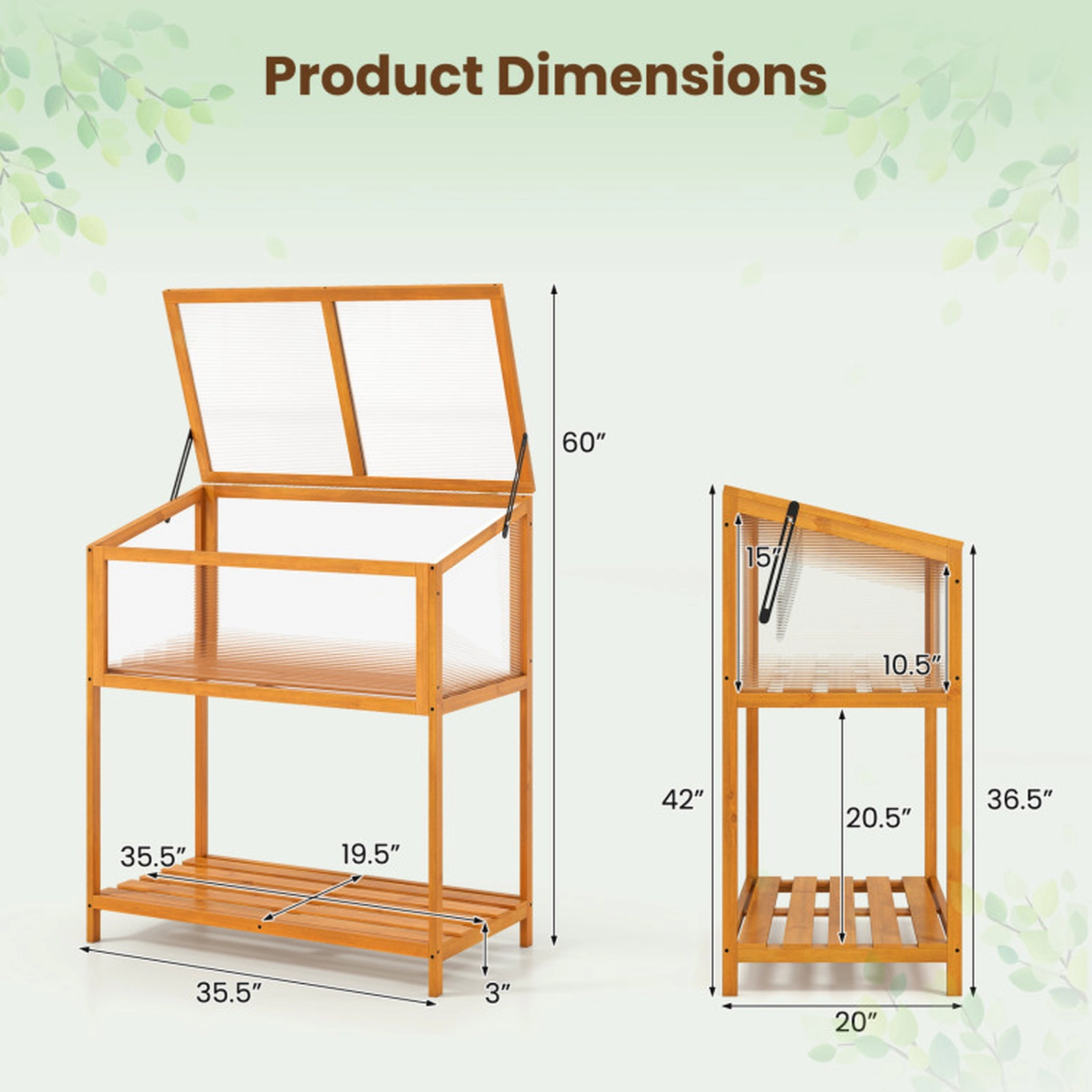 SUGIFT Orange Fir Wood Cold Frame Greenhouse with Openable Roof and Slatted Shelf 35.5-in W 20-in D 42-in H