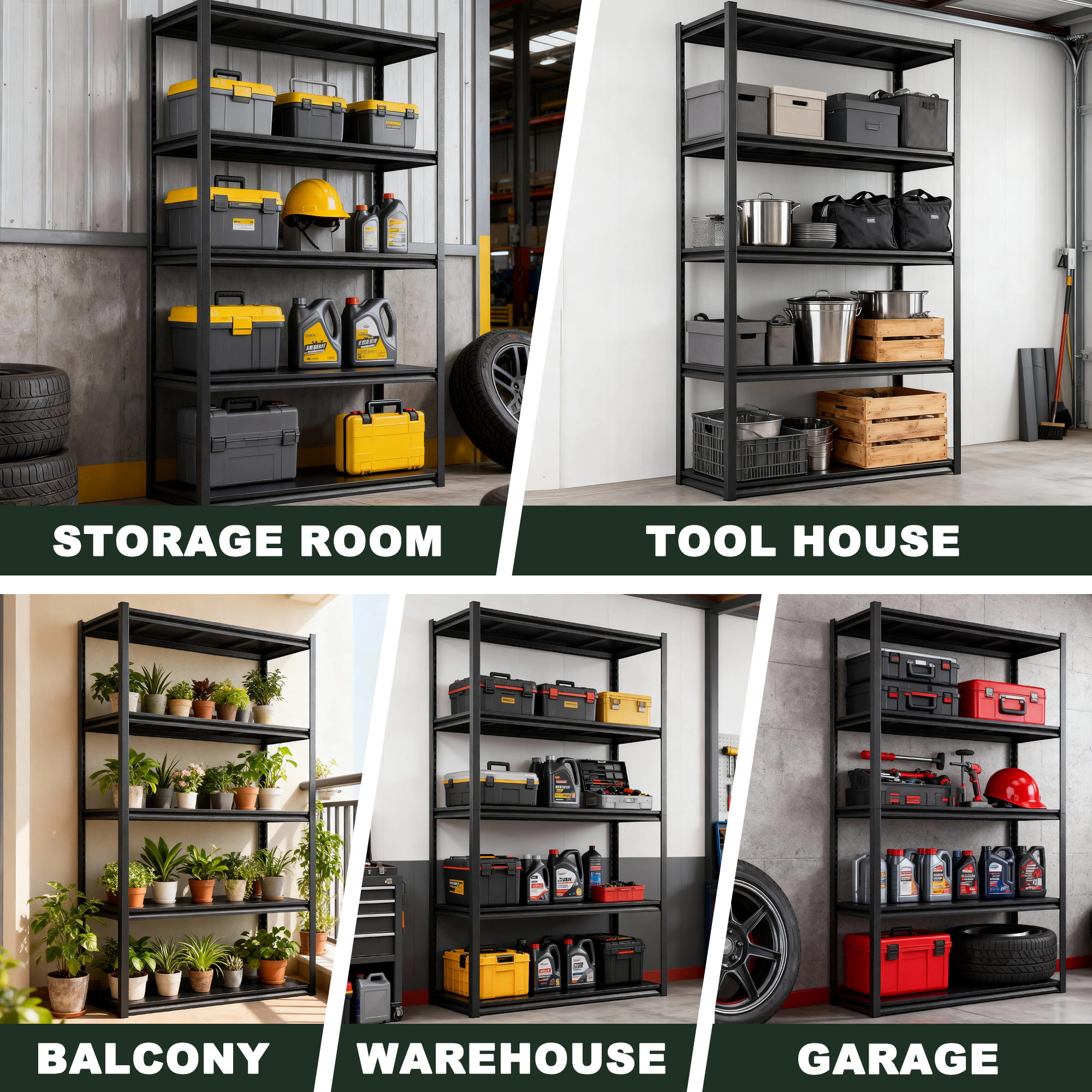 Flynama 5 Tier Heavy Duty Black Metal Utility Shelving Unit Solid Ventilated Shelves in W x in D x in H
