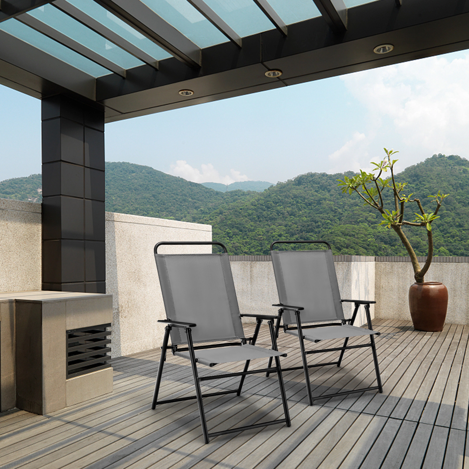 LJG Outdoor Folding Sling Chairs Set of 4 with Armrest and Backrest