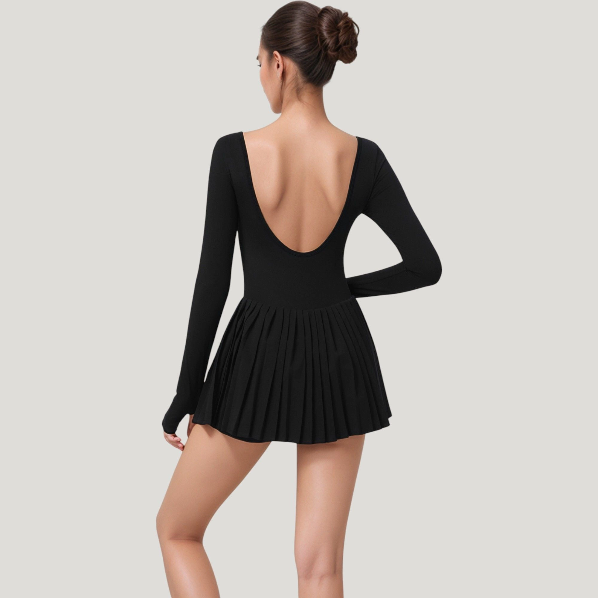 Anna-Kaci Women's Long Sleeve Pleated Skirt Active Dress with Scoop Neckline