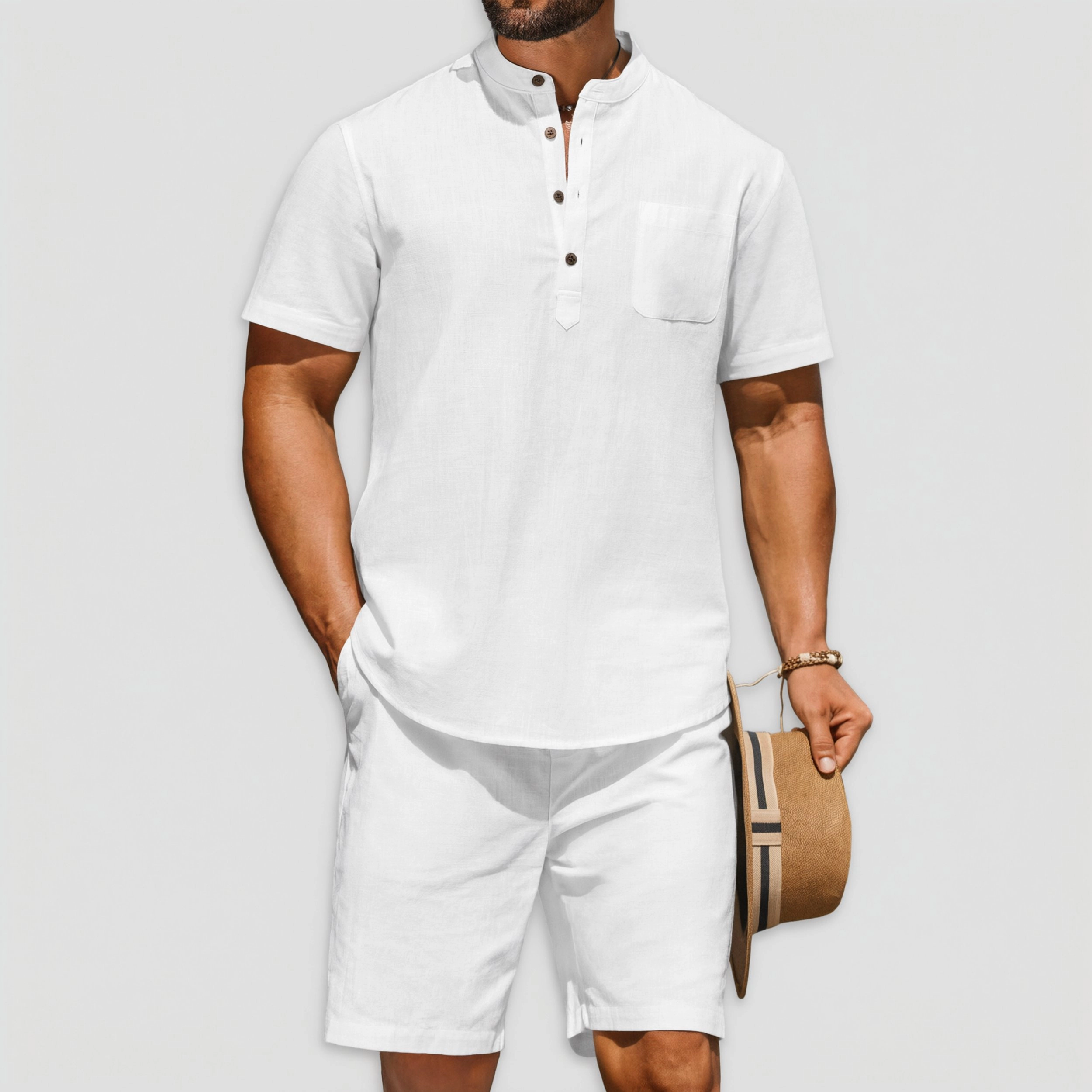 COOFANDY Mens Short Sleeve Henley Shirt Casual 2 Piece  Outfit Shorts Set
