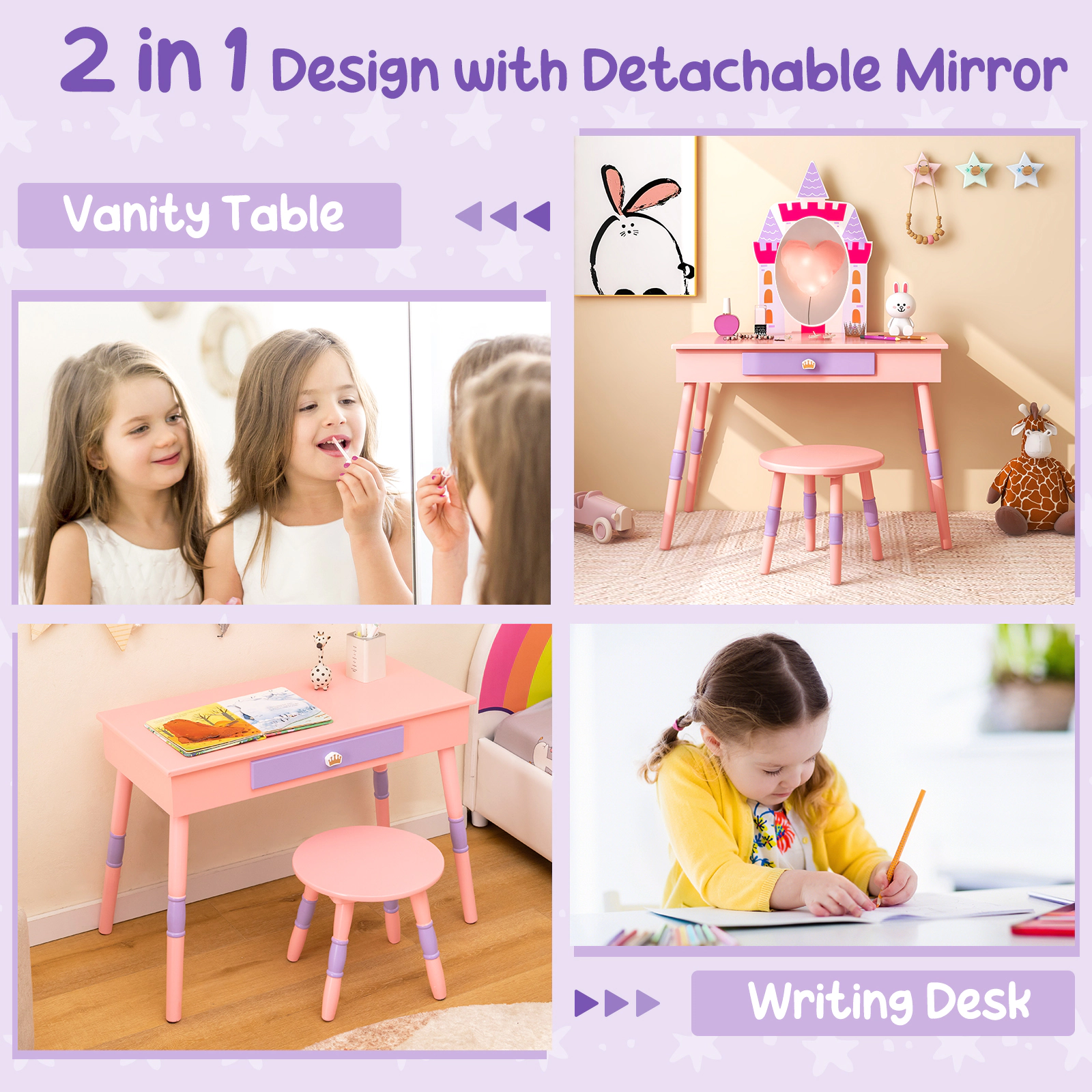 SUGIFT Kids Vanity Table and Stool Set with Mirror and Drawer in Pink