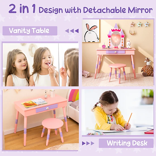 SUGIFT Kids Vanity Table and Stool Set with Mirror and Drawer in Pink ...