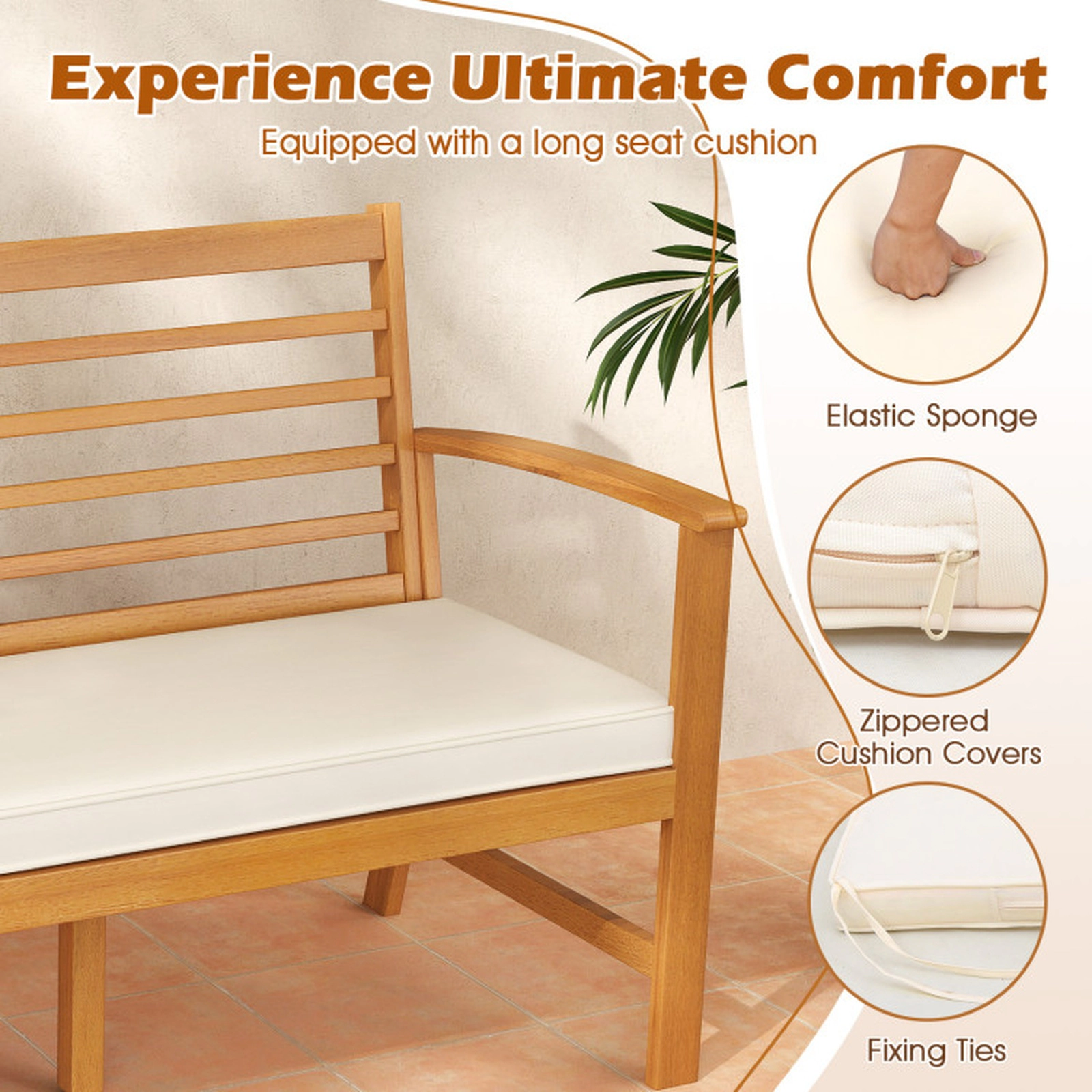 SUGIFT Patio Wood Bench with Slatted Seat and Cushion 1200-lb Capacity Off White Cushion Natural Frame