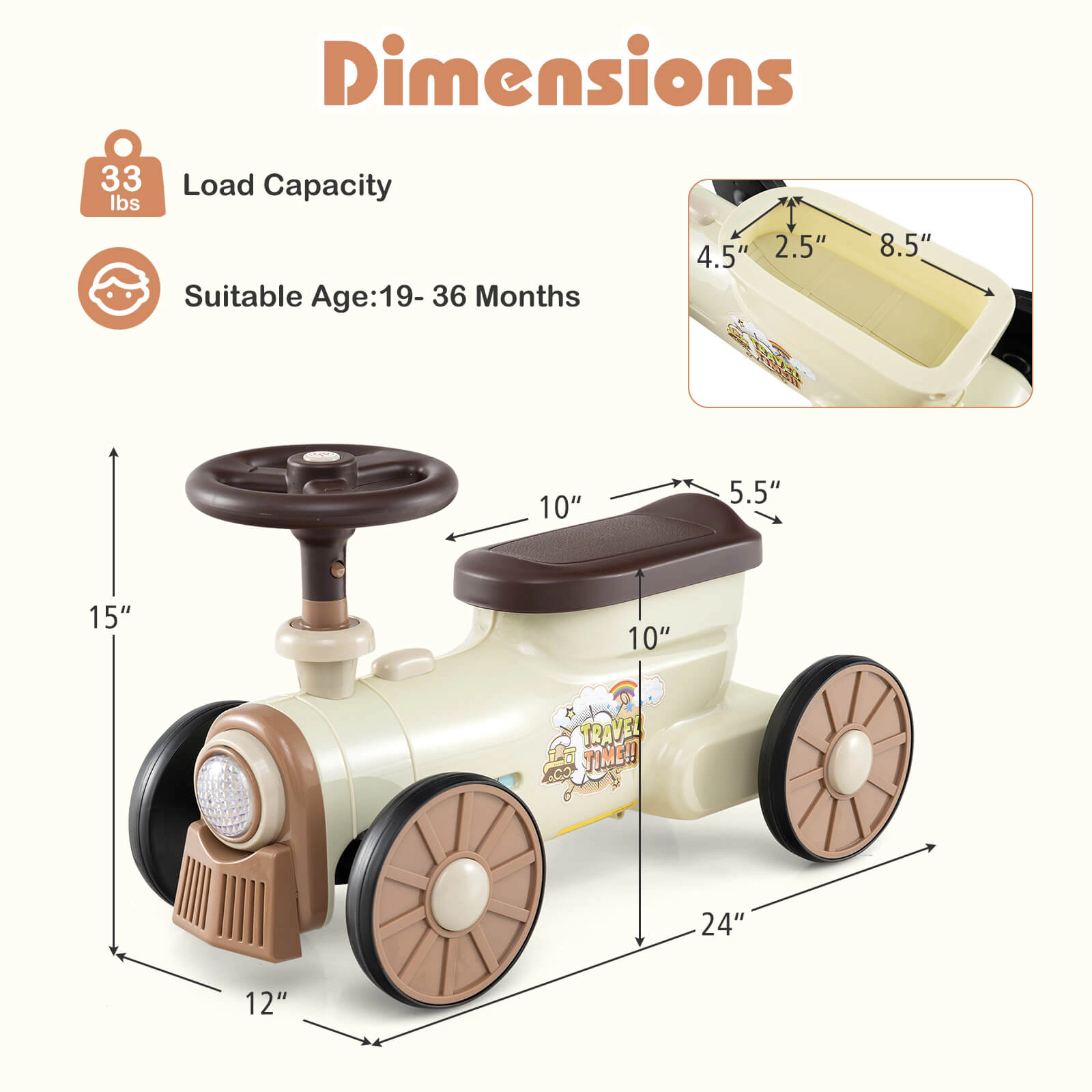 Costway Ride on Push Car with Storage Compartment & Train Whistle Sound Button